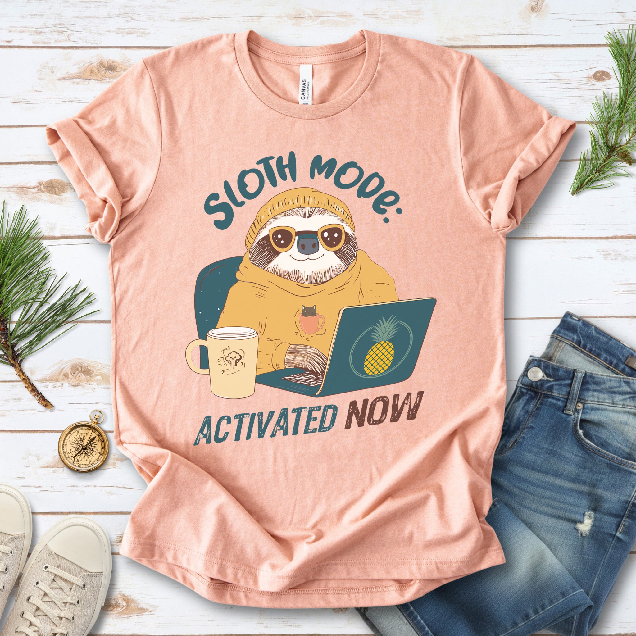 Funny Sloth Geek T-Shirt – "Sloth Mode Activated Now" Laptop Design