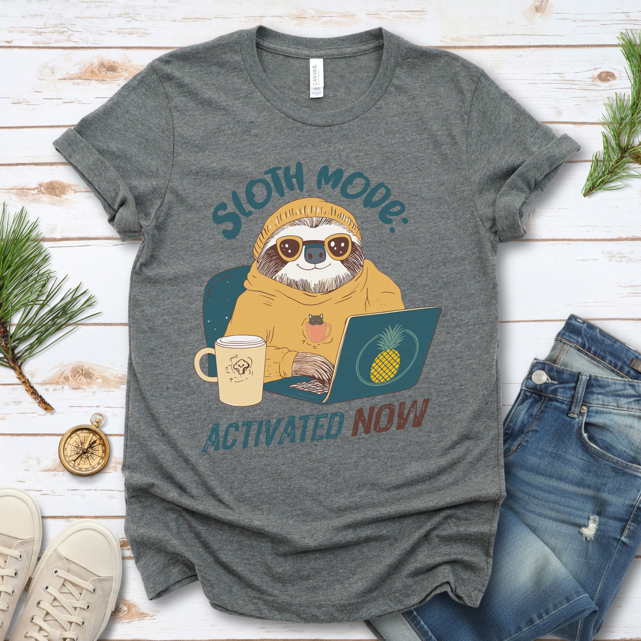 Funny Sloth Geek T-Shirt – "Sloth Mode Activated Now" Laptop Design