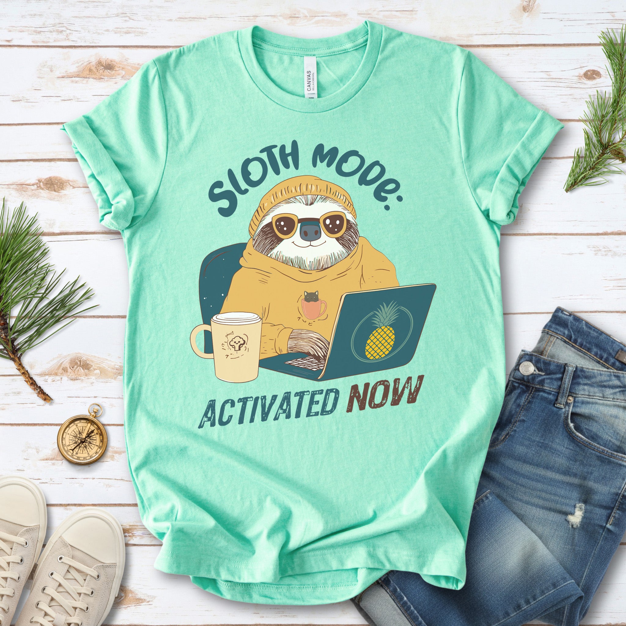 Funny Sloth Geek T-Shirt – "Sloth Mode Activated Now" Laptop Design