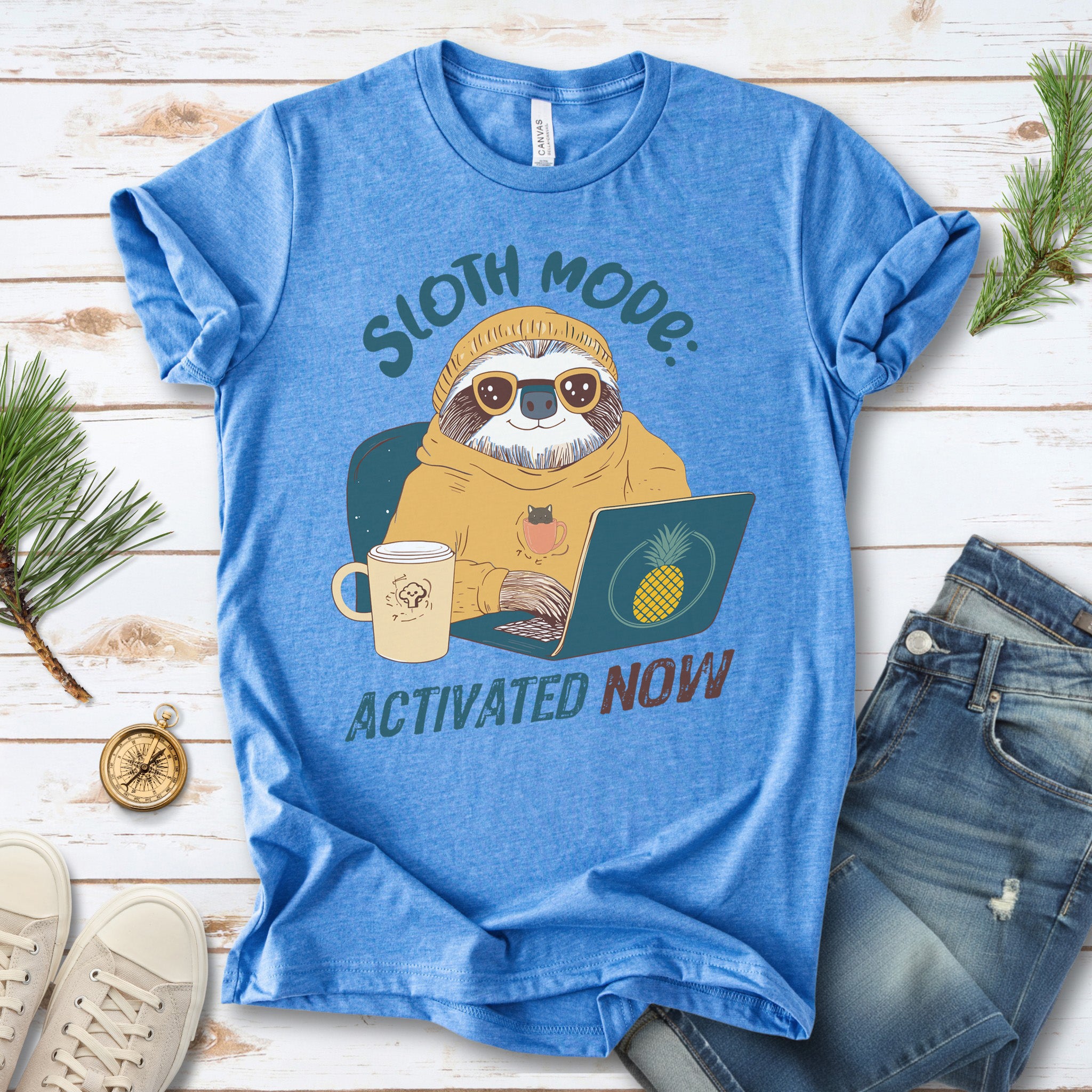 Funny Sloth Geek T-Shirt – "Sloth Mode Activated Now" Laptop Design
