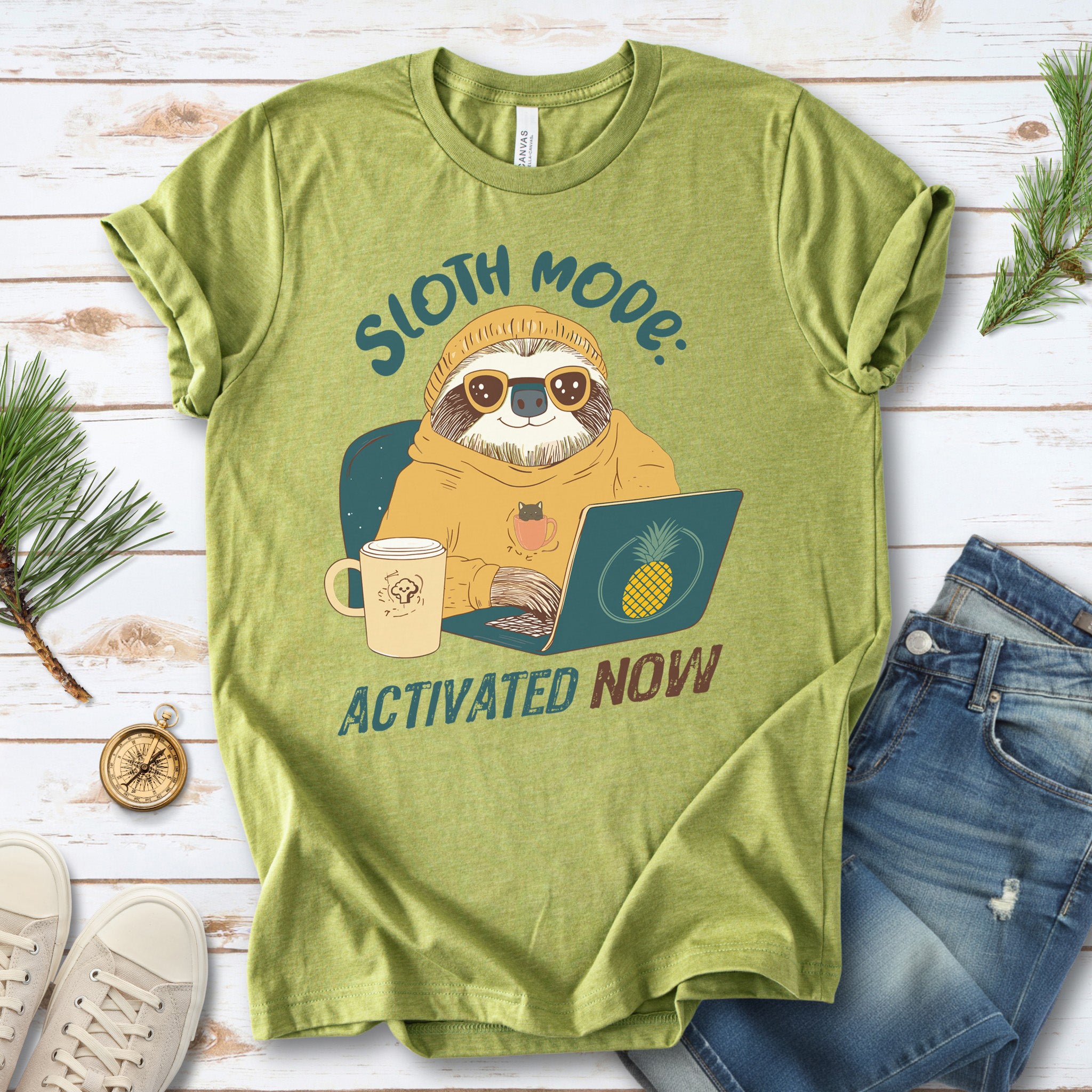 Funny Sloth Geek T-Shirt – "Sloth Mode Activated Now" Laptop Design