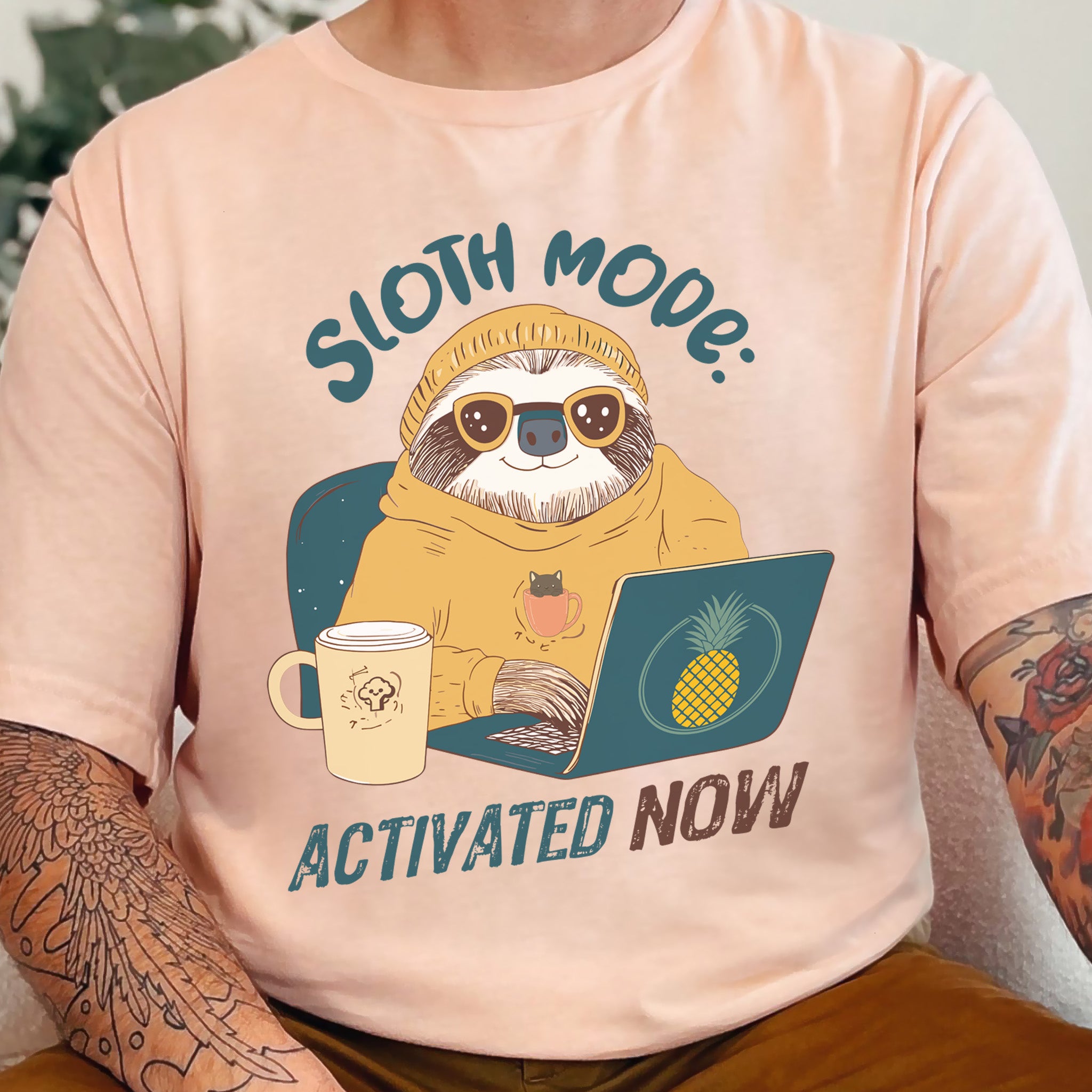 Funny Sloth Geek T-Shirt – "Sloth Mode Activated Now" Laptop Design