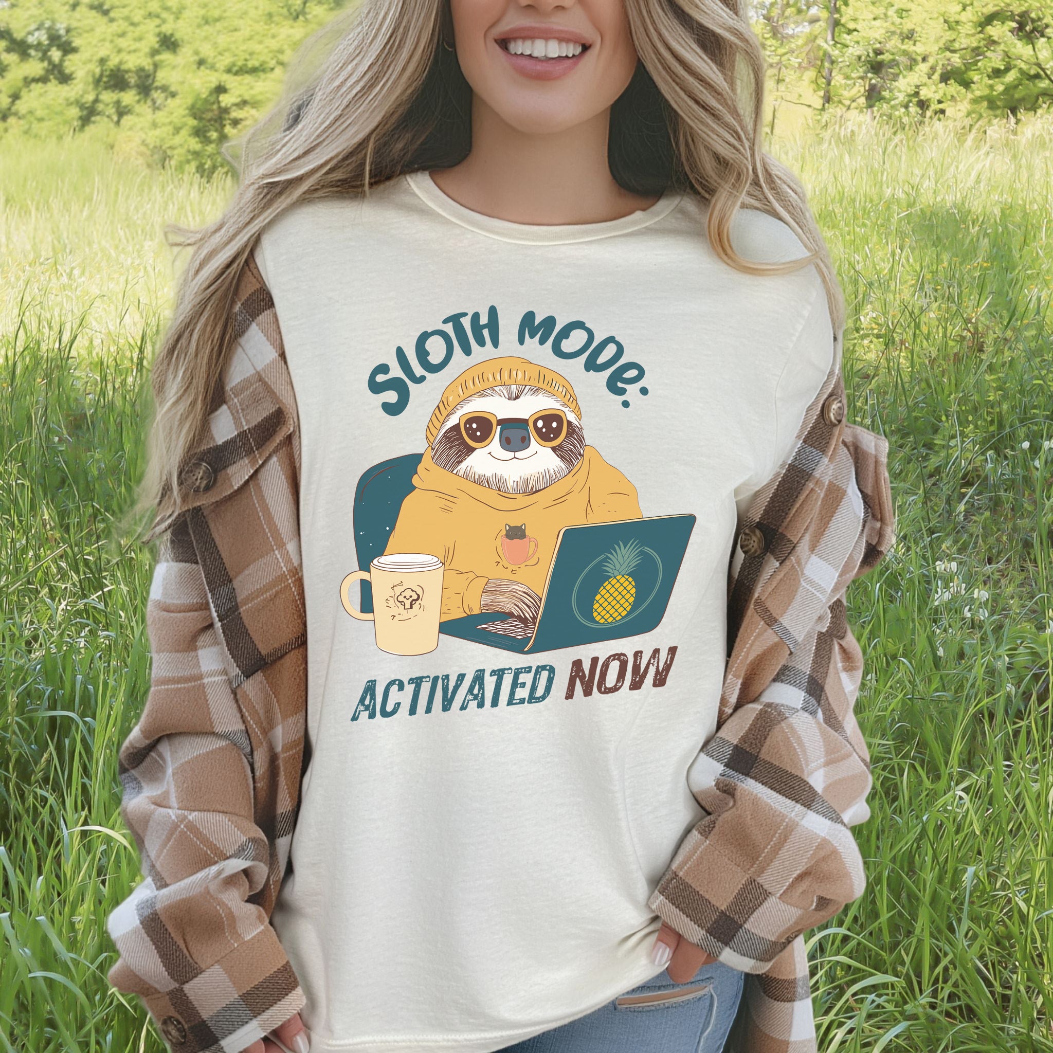 Funny Sloth Geek T-Shirt – "Sloth Mode Activated Now" Laptop Design