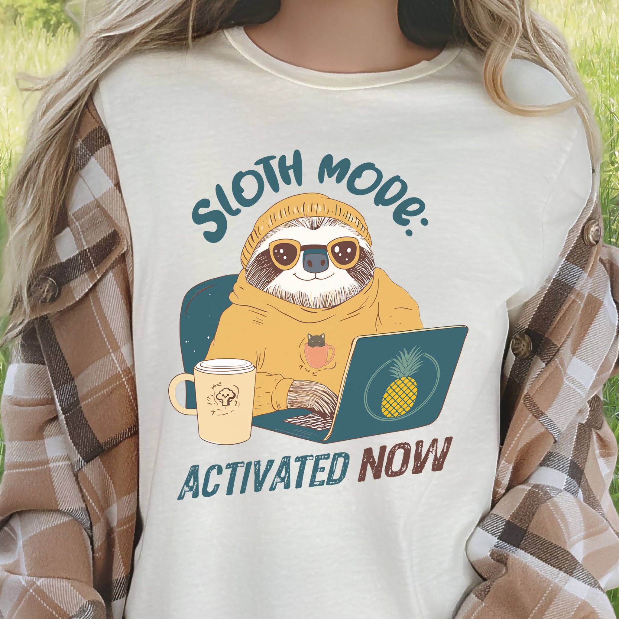 Funny Sloth Geek T-Shirt – "Sloth Mode Activated Now" Laptop Design