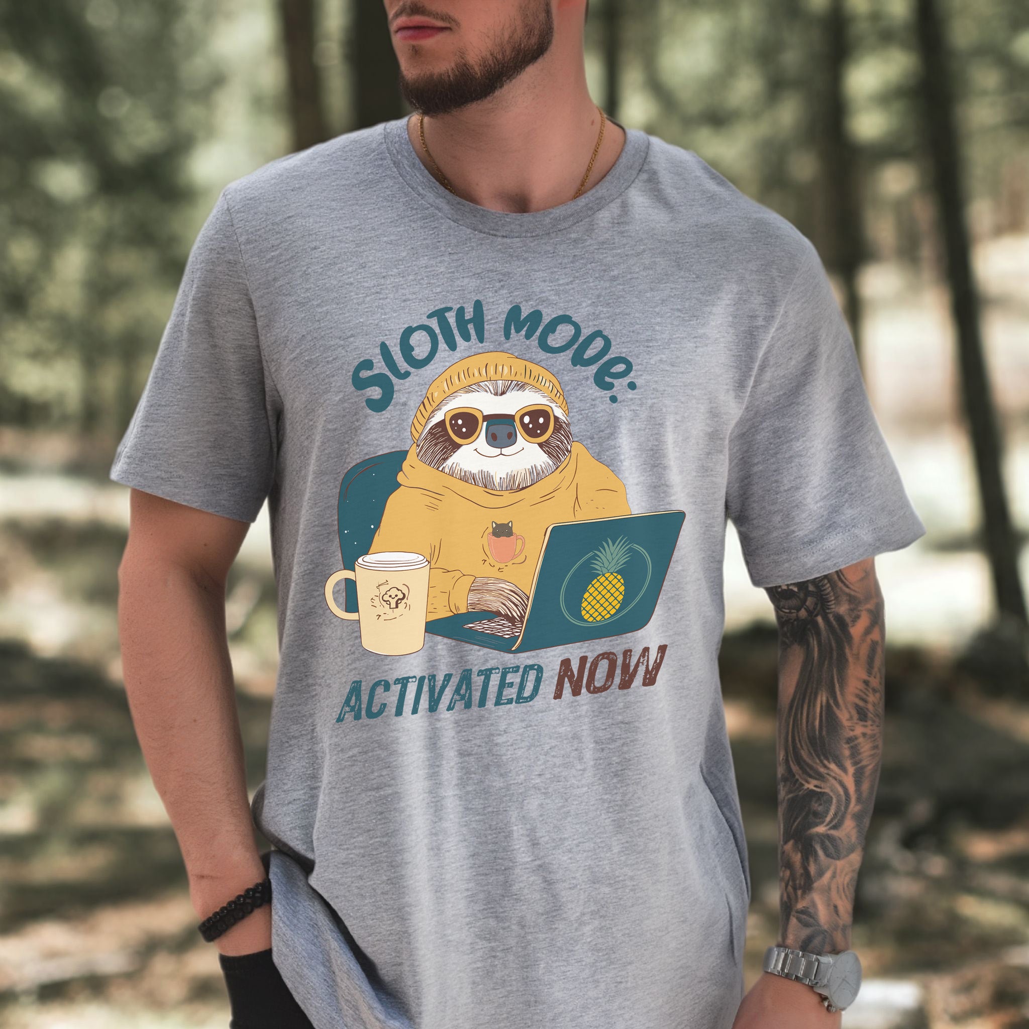 Funny Sloth Geek T-Shirt – "Sloth Mode Activated Now" Laptop Design