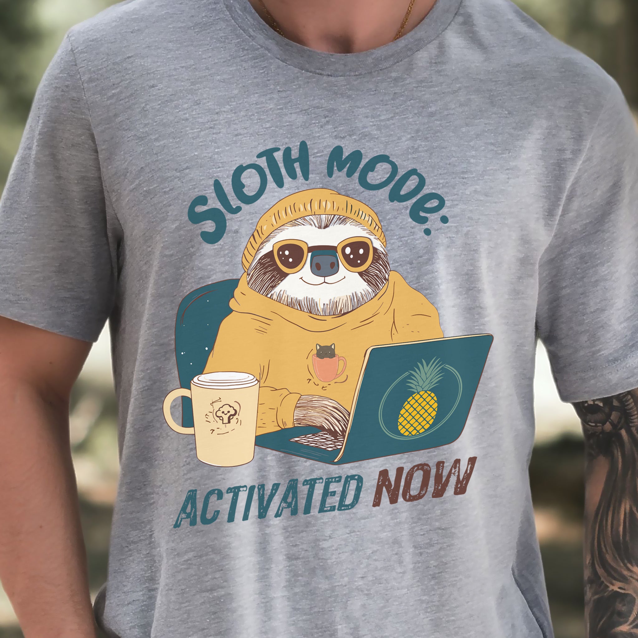 Funny Sloth Geek T-Shirt – "Sloth Mode Activated Now" Laptop Design