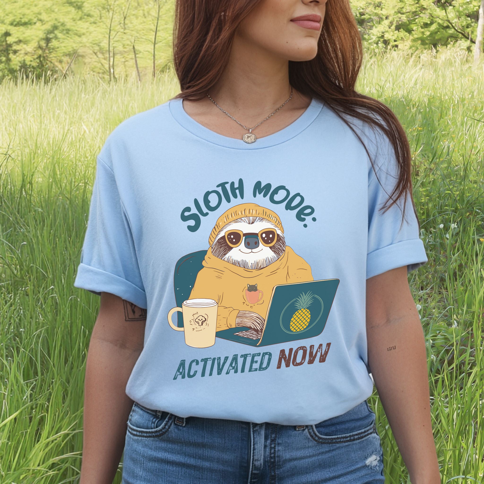 Funny Sloth Geek T-Shirt – "Sloth Mode Activated Now" Laptop Design