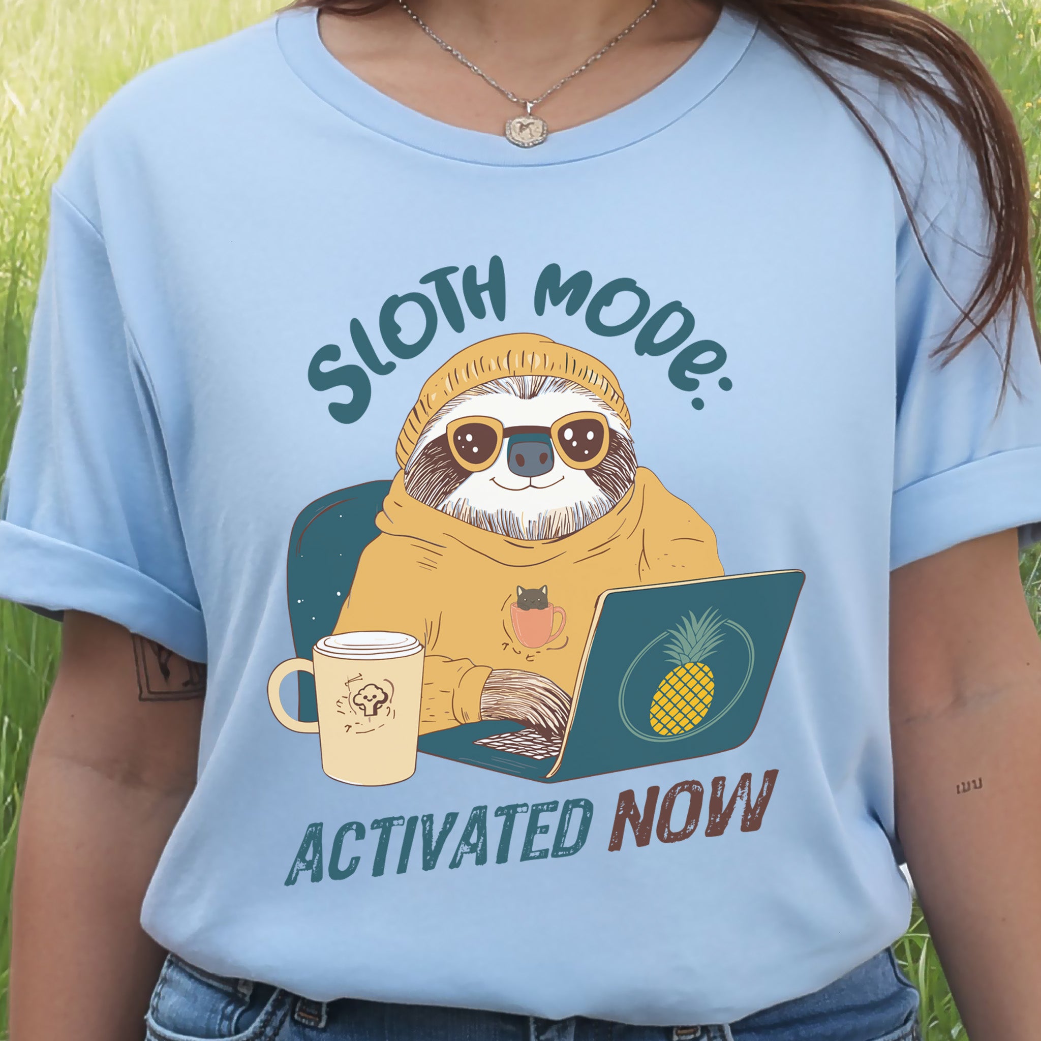 Funny Sloth Geek T-Shirt – "Sloth Mode Activated Now" Laptop Design