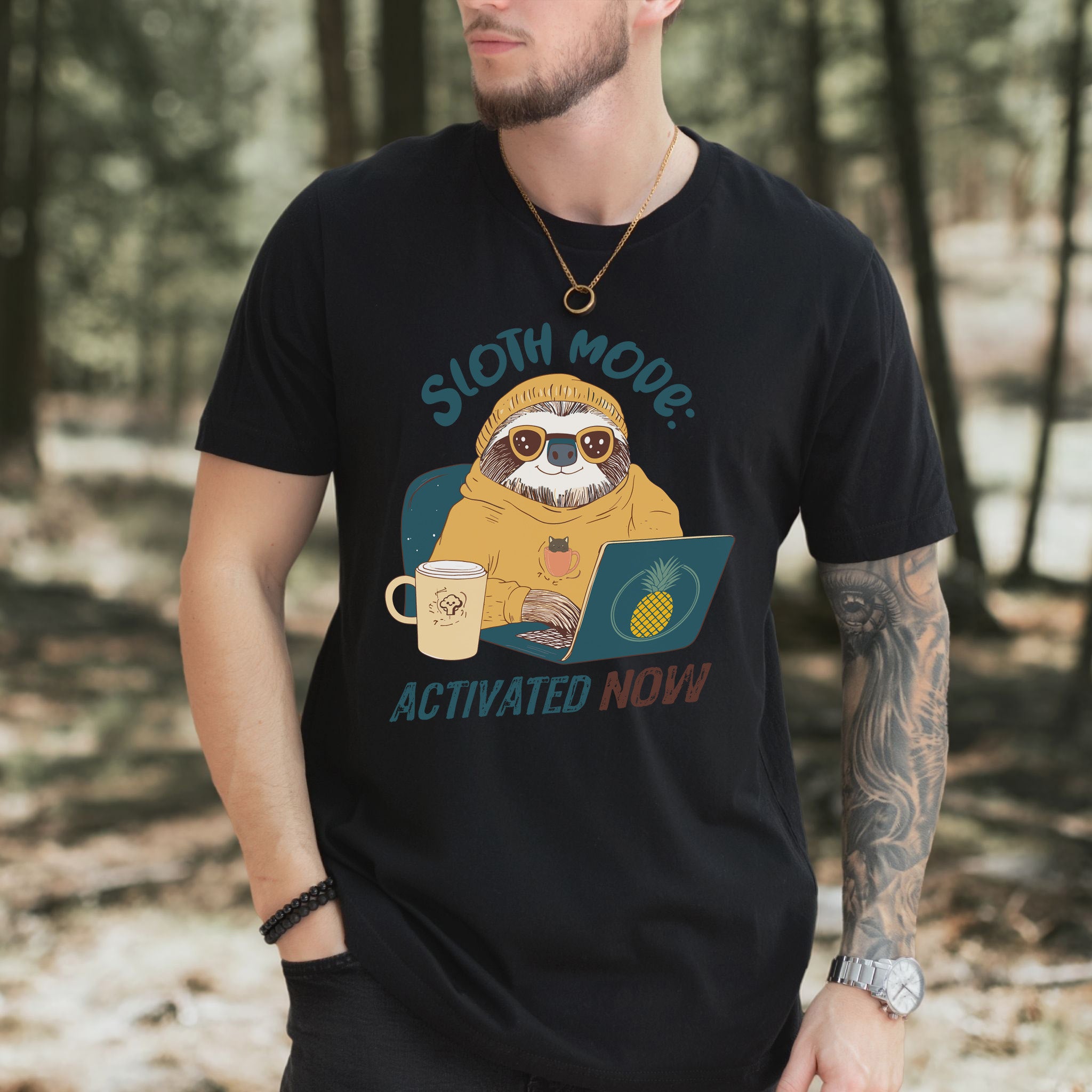 Funny Sloth Geek T-Shirt – "Sloth Mode Activated Now" Laptop Design
