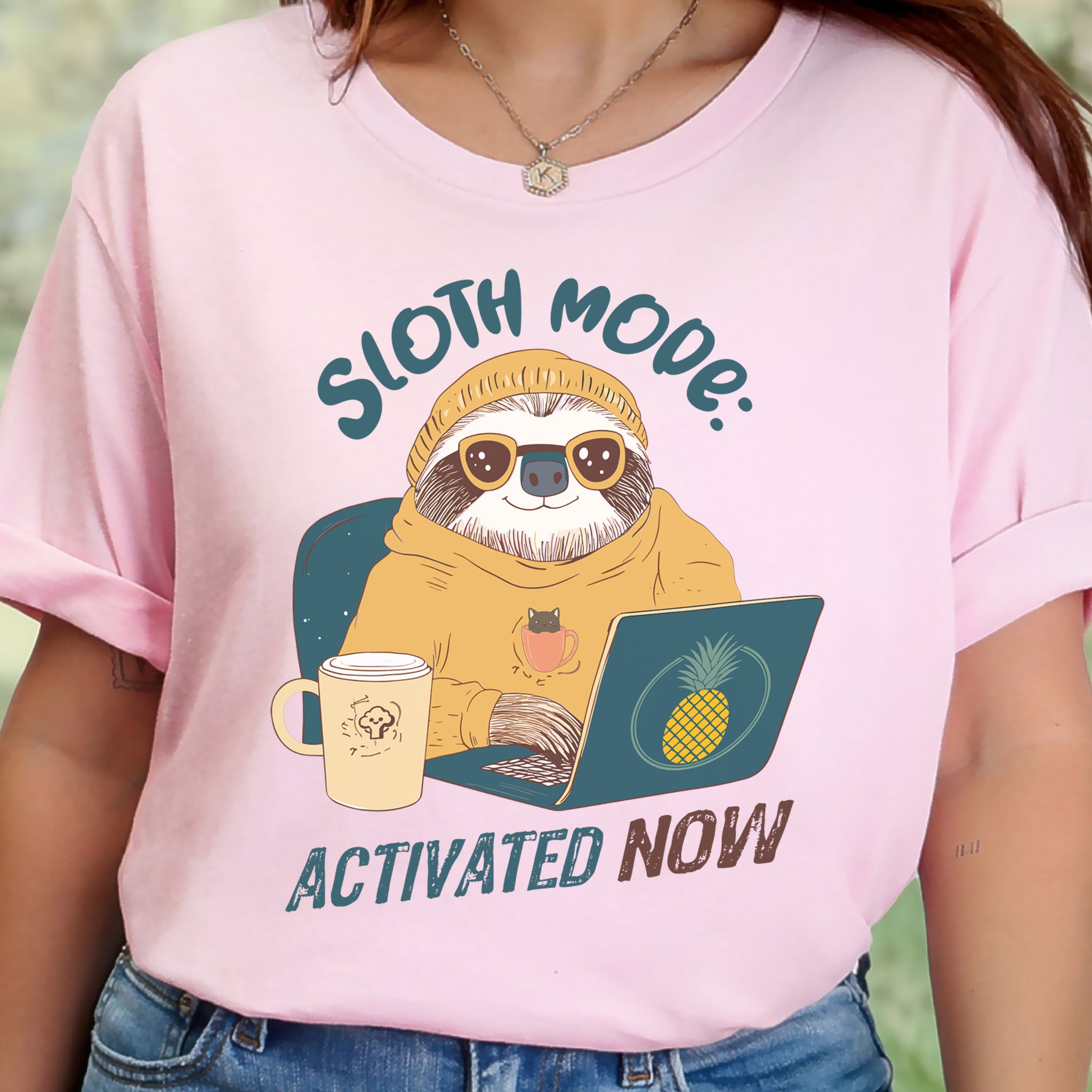 Funny Sloth Geek T-Shirt – "Sloth Mode Activated Now" Laptop Design