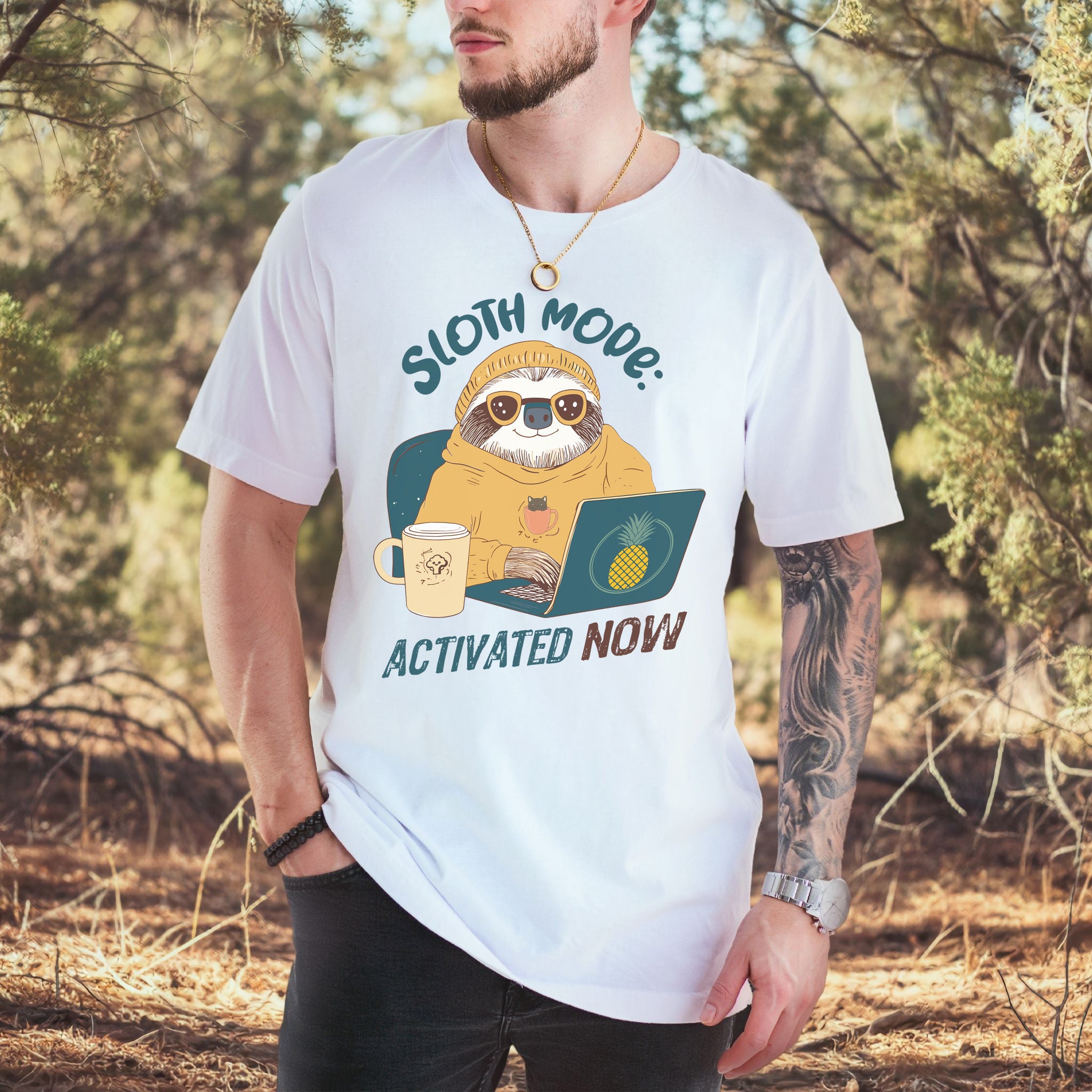 Funny Sloth Geek T-Shirt – "Sloth Mode Activated Now" Laptop Design