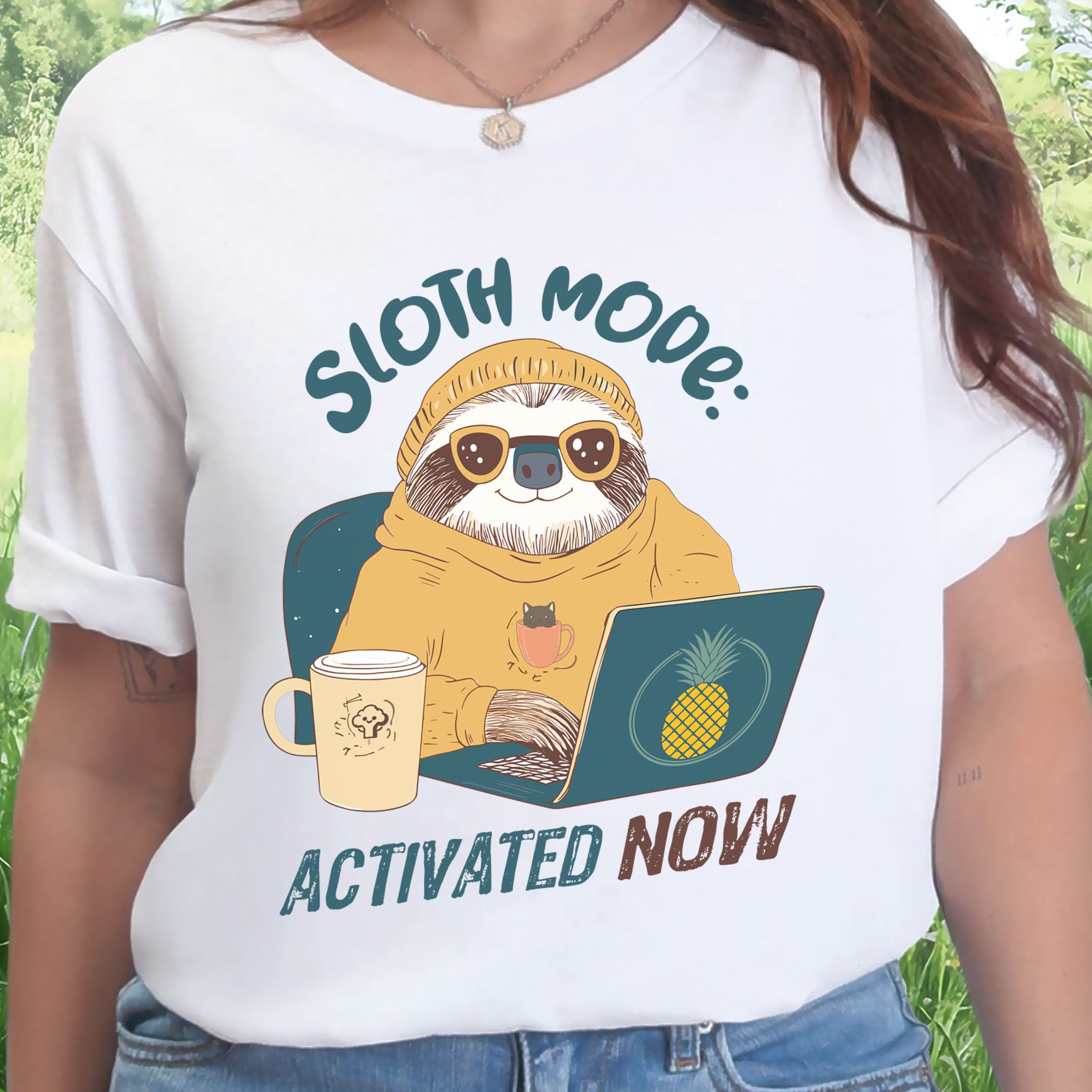 Funny Sloth Geek T-Shirt – "Sloth Mode Activated Now" Laptop Design