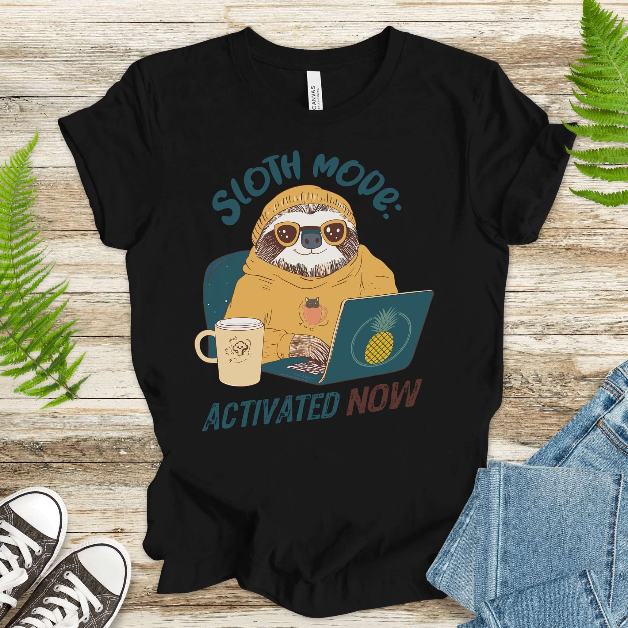 Funny Sloth Geek T-Shirt – "Sloth Mode Activated Now" Laptop Design