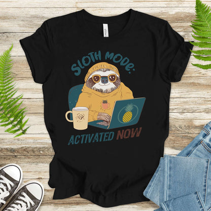 Funny Sloth Geek T-Shirt – "Sloth Mode Activated Now" Laptop Design
