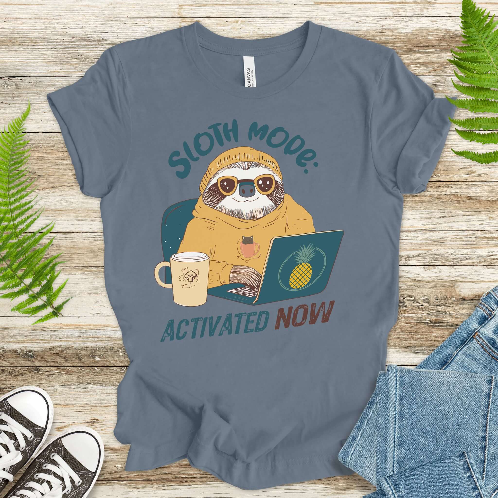 Funny Sloth Geek T-Shirt – "Sloth Mode Activated Now" Laptop Design