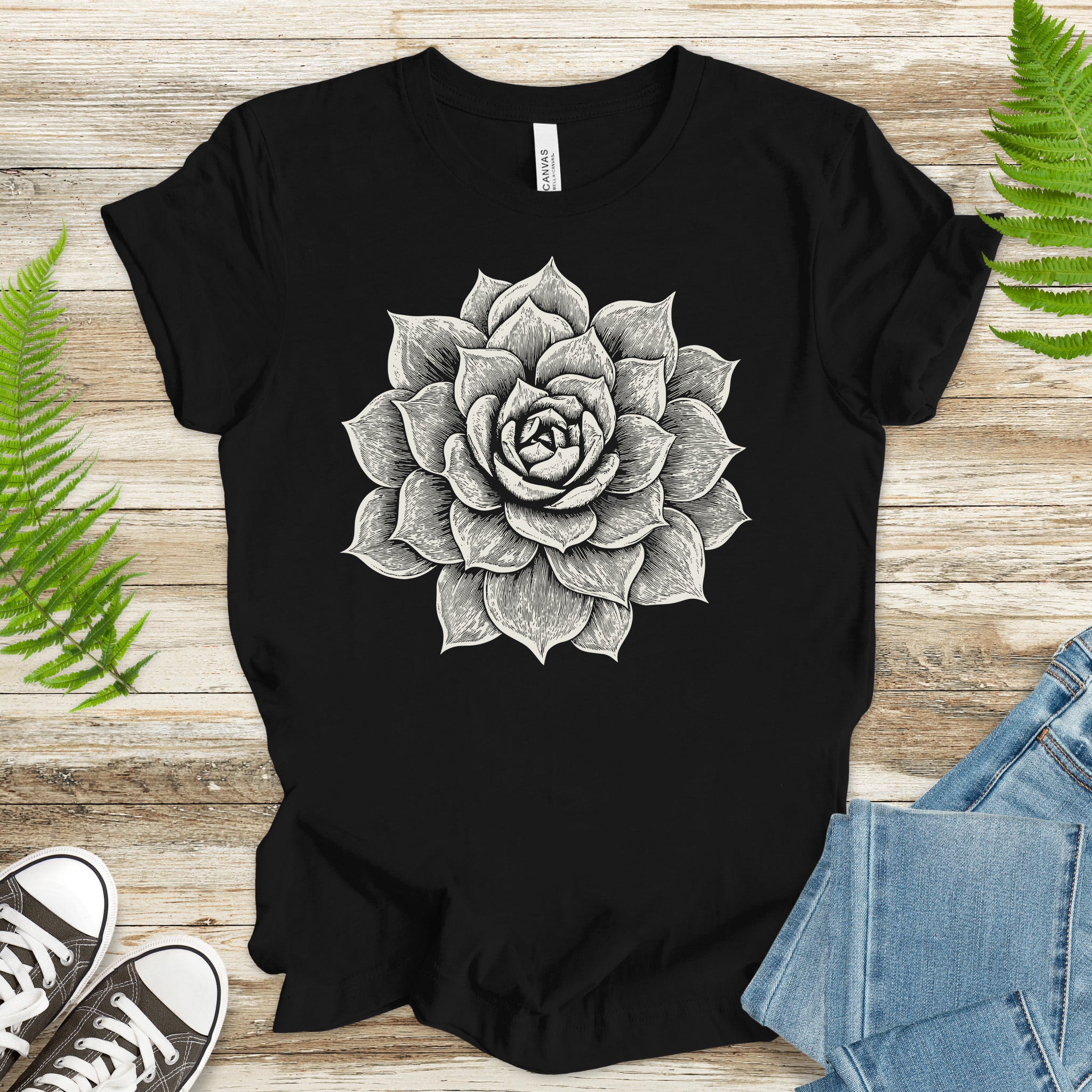 White Succulent Sketch T-Shirt – Vintage Botanical Garden Lover Tee