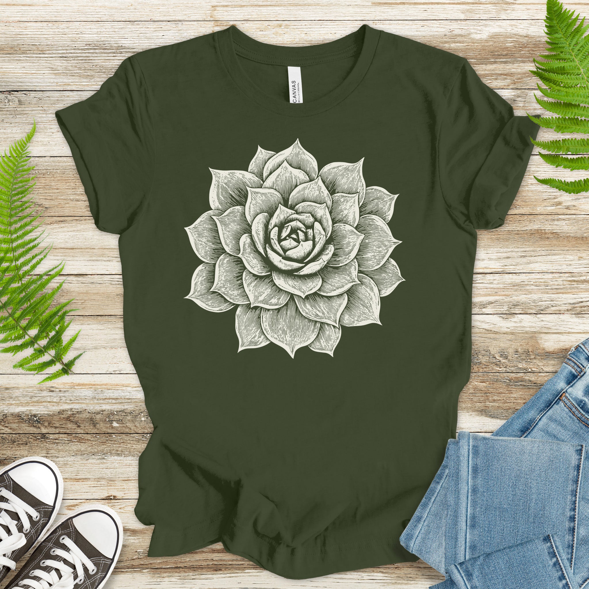 White Succulent Sketch T-Shirt – Vintage Botanical Garden Lover Tee