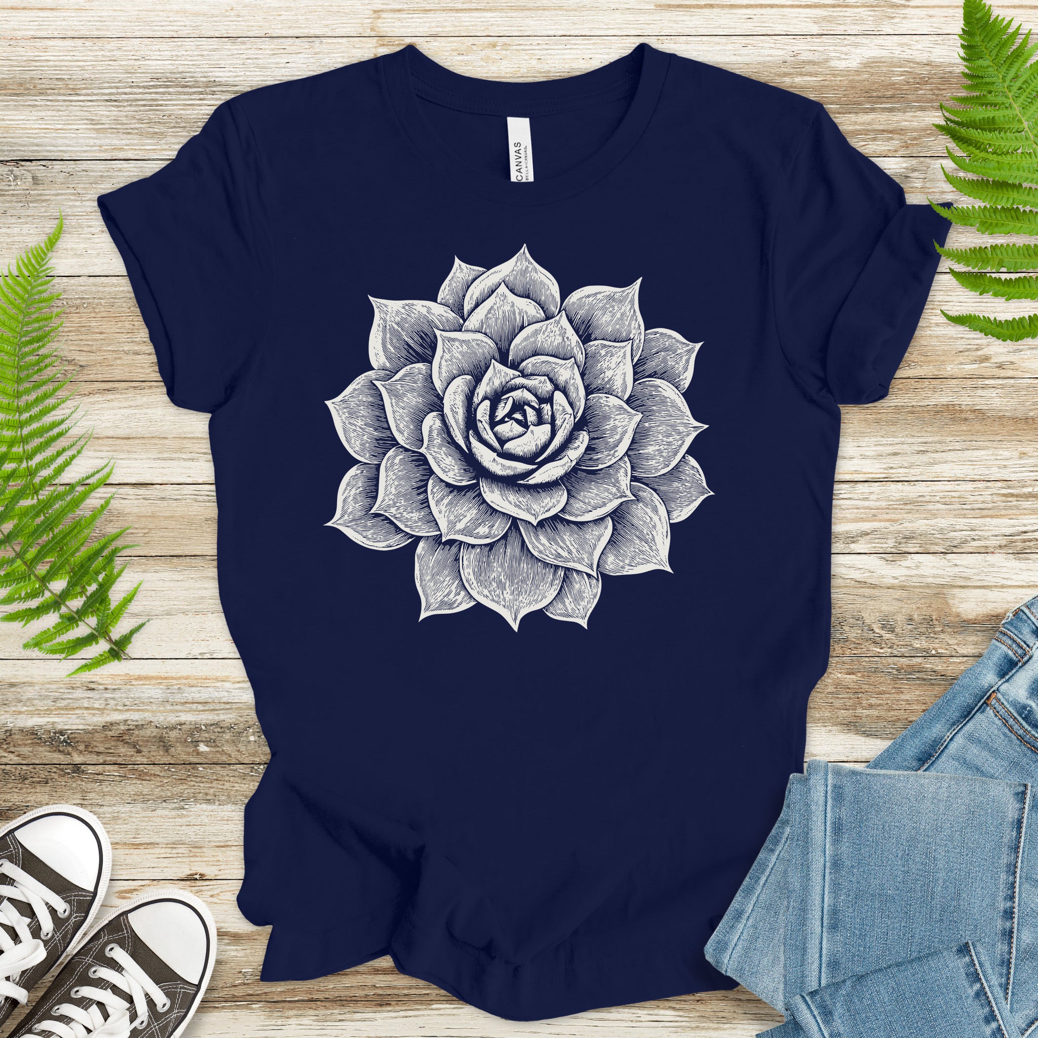 White Succulent Sketch T-Shirt – Vintage Botanical Garden Lover Tee