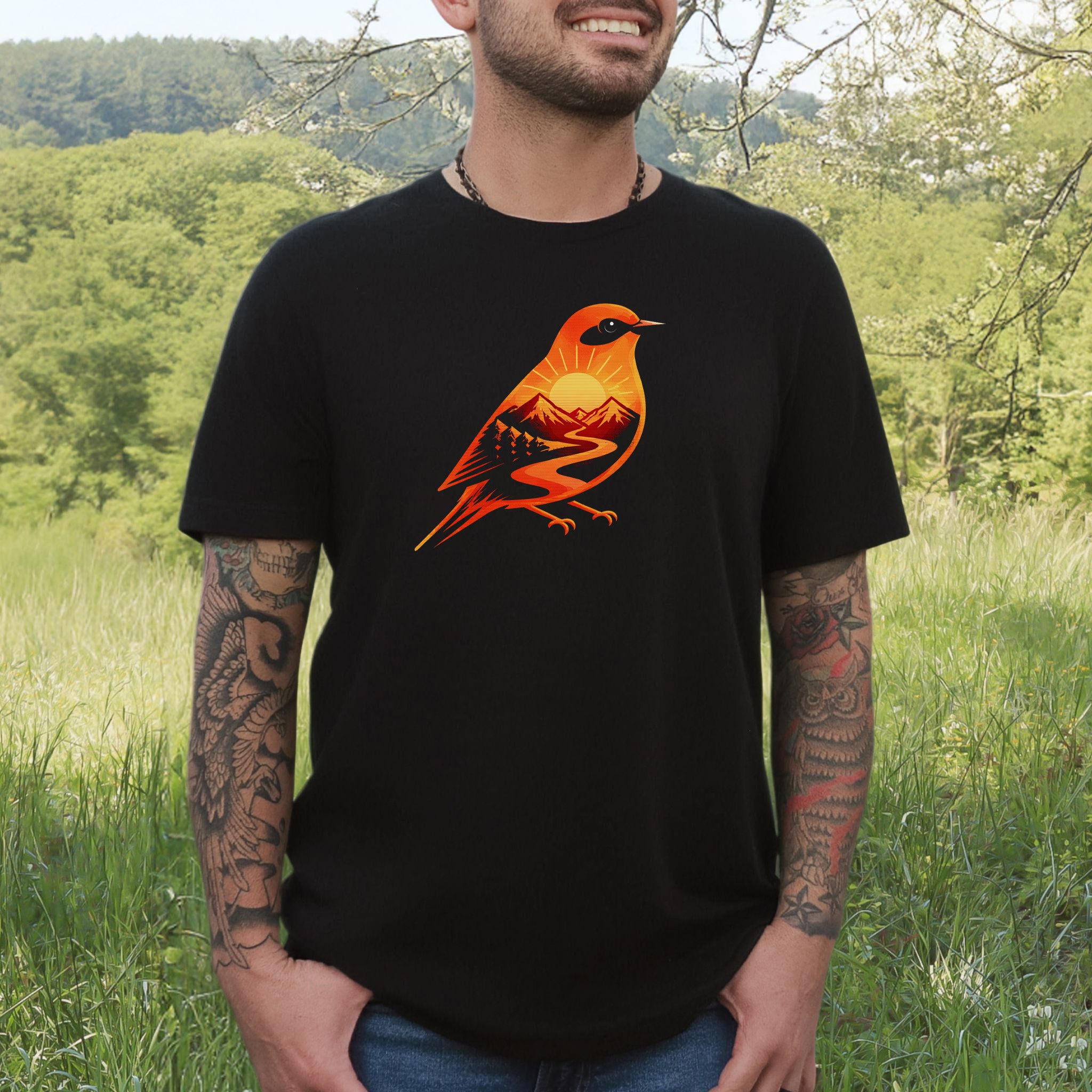 Sunset Mountain Bird T-Shirt – Bold Nature Graphic Adventure Tee