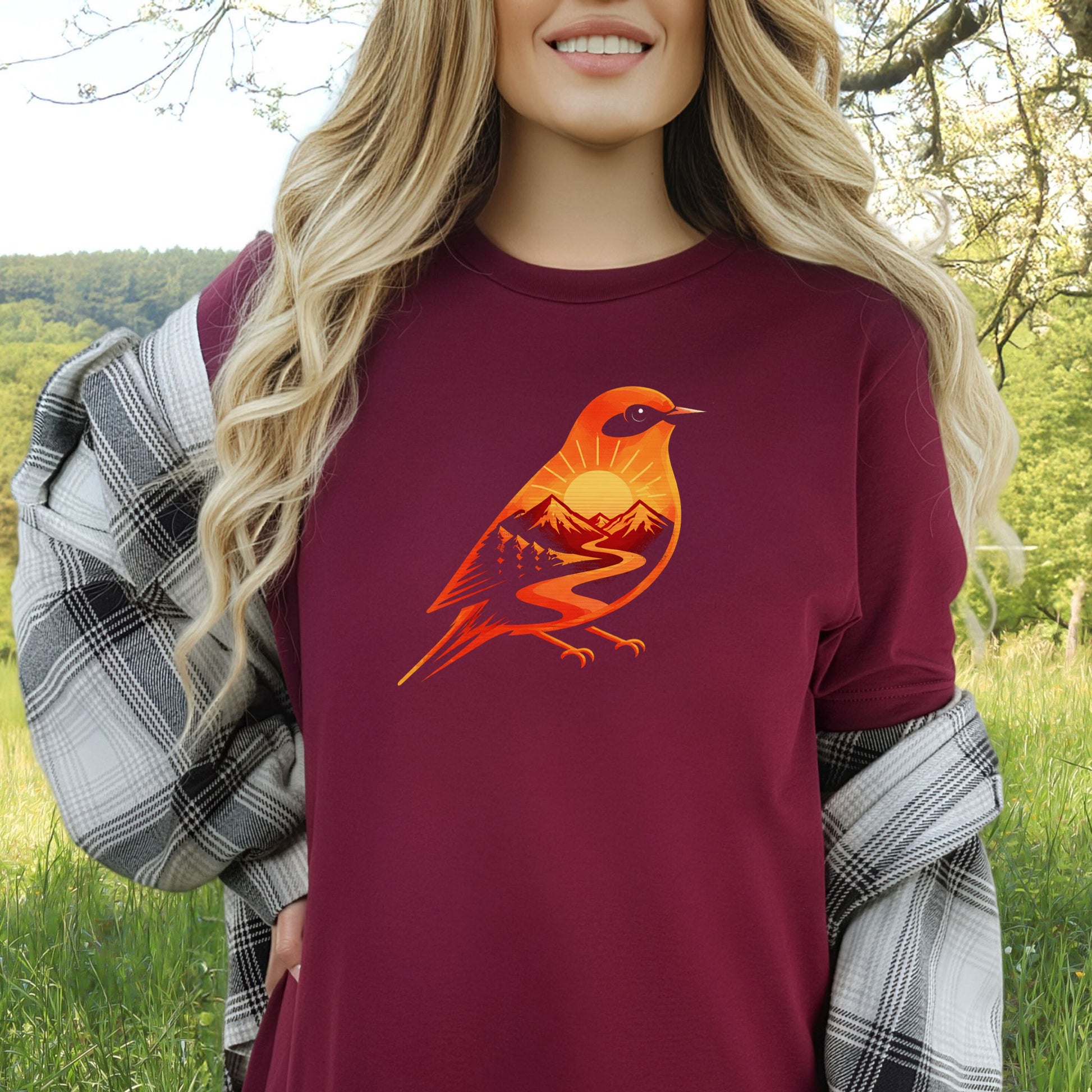 Sunset Mountain Bird T-Shirt – Bold Nature Graphic Adventure Tee