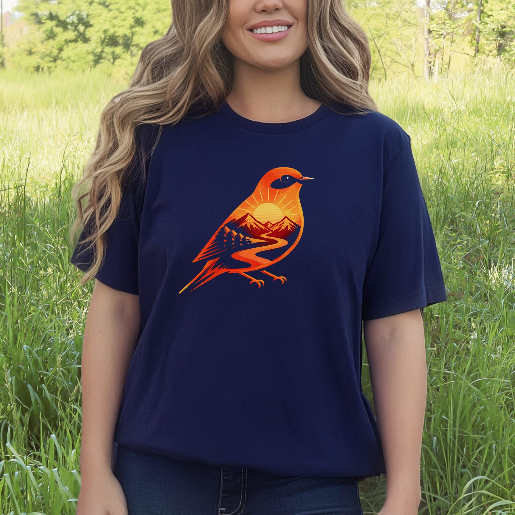 Sunset Mountain Bird T-Shirt – Bold Nature Graphic Adventure Tee