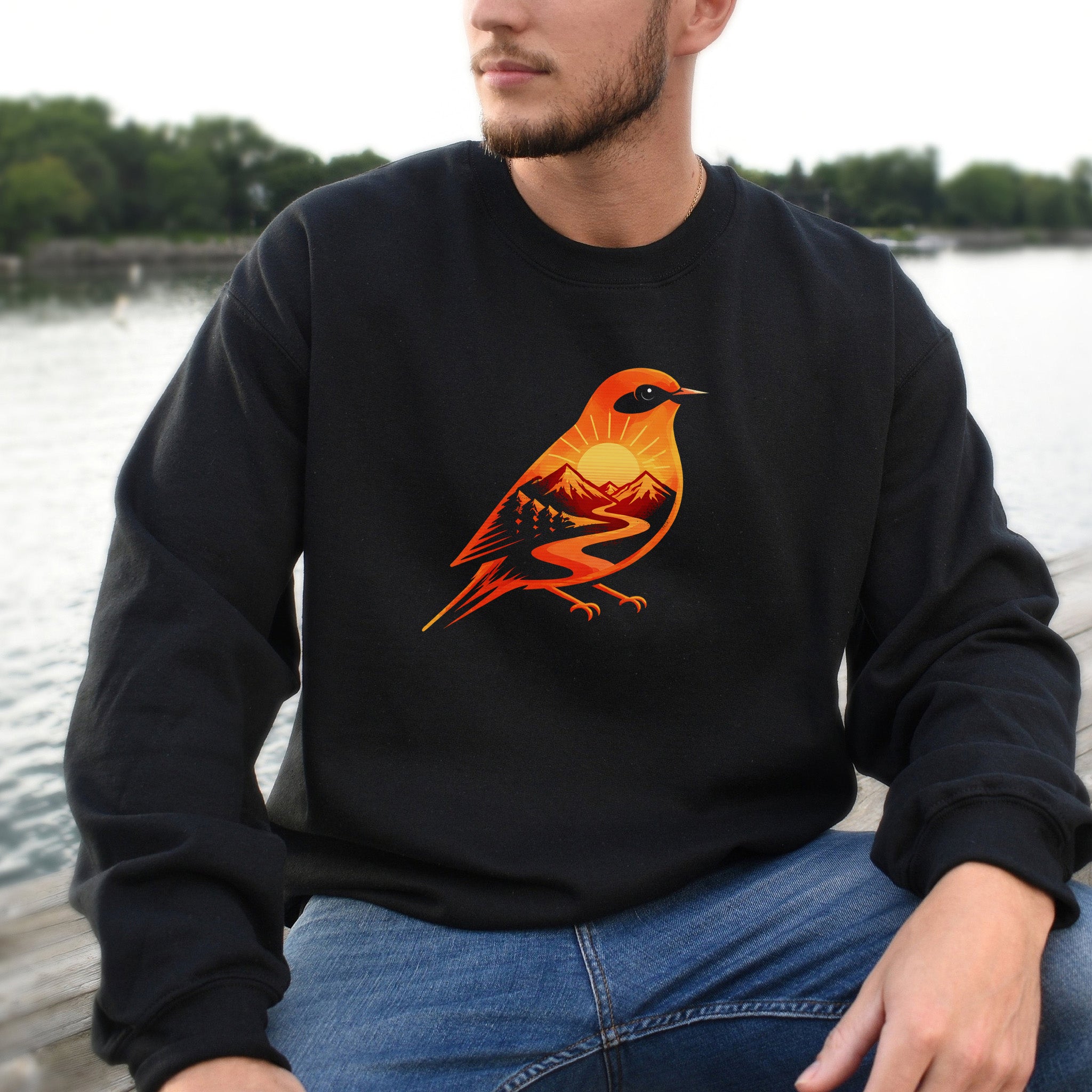 Sunset Mountain Bird Bold Nature Graphic Adventure Sweatshirt