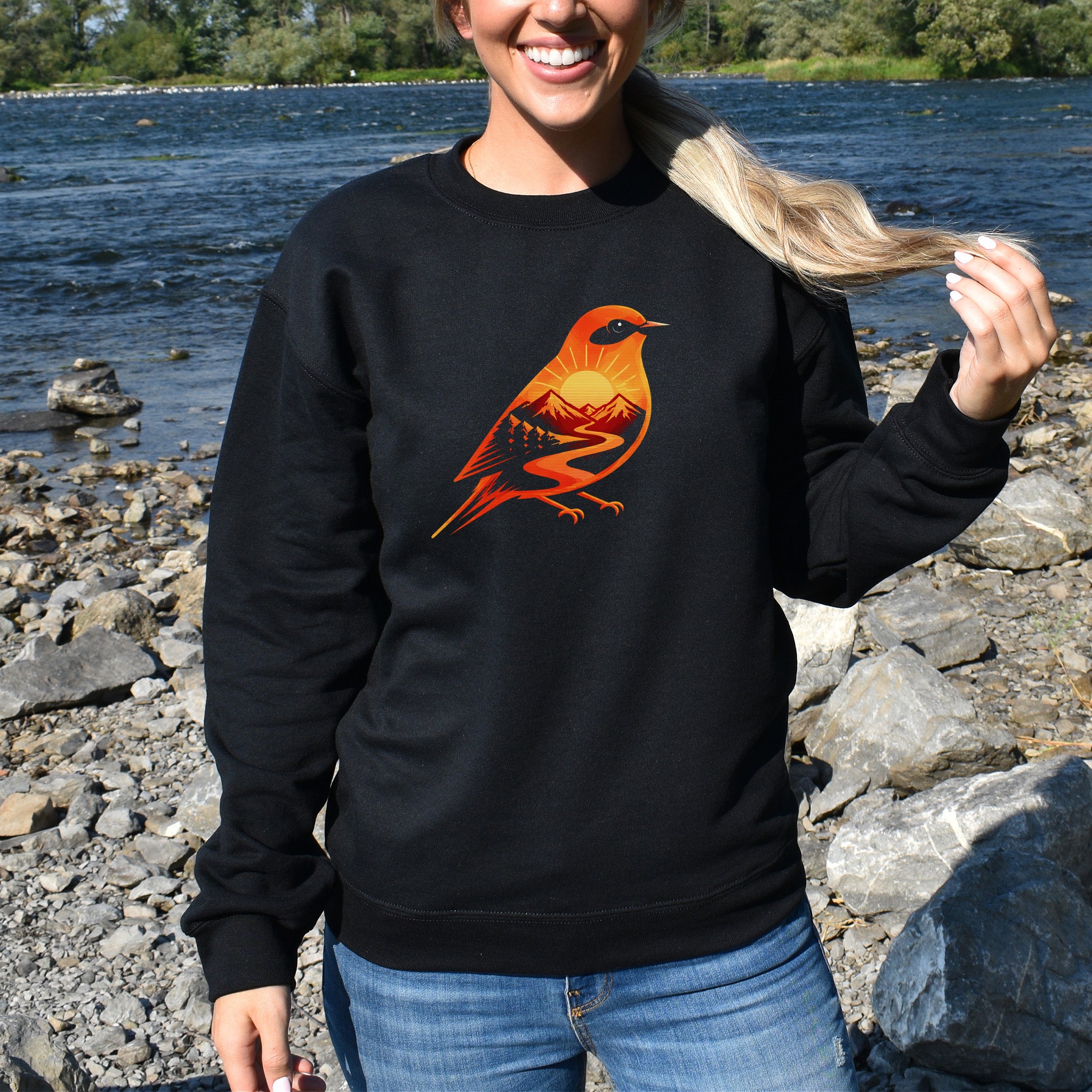 Sunset Mountain Bird Bold Nature Graphic Adventure Sweatshirt
