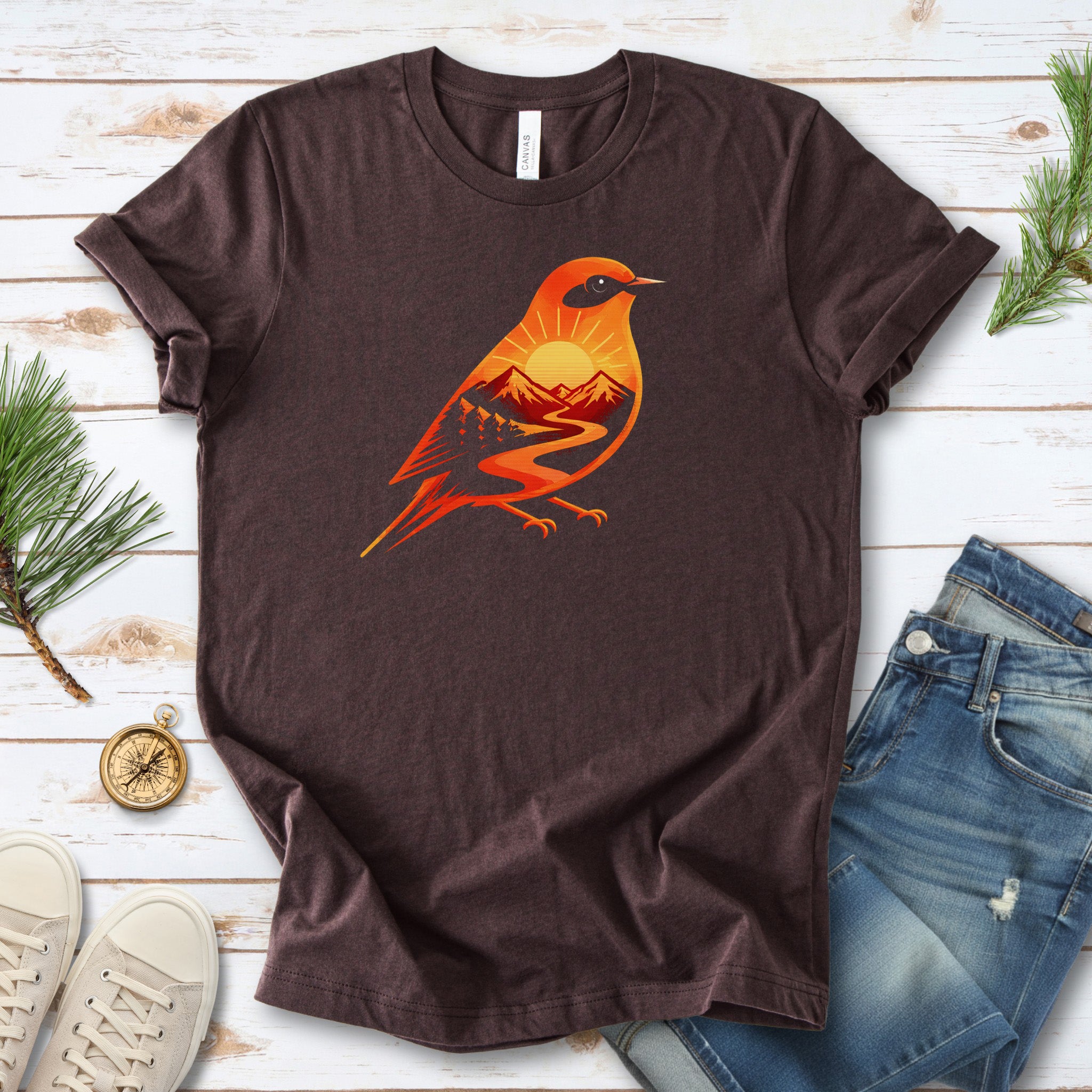 Sunset Mountain Bird T-Shirt – Bold Nature Graphic Adventure Tee