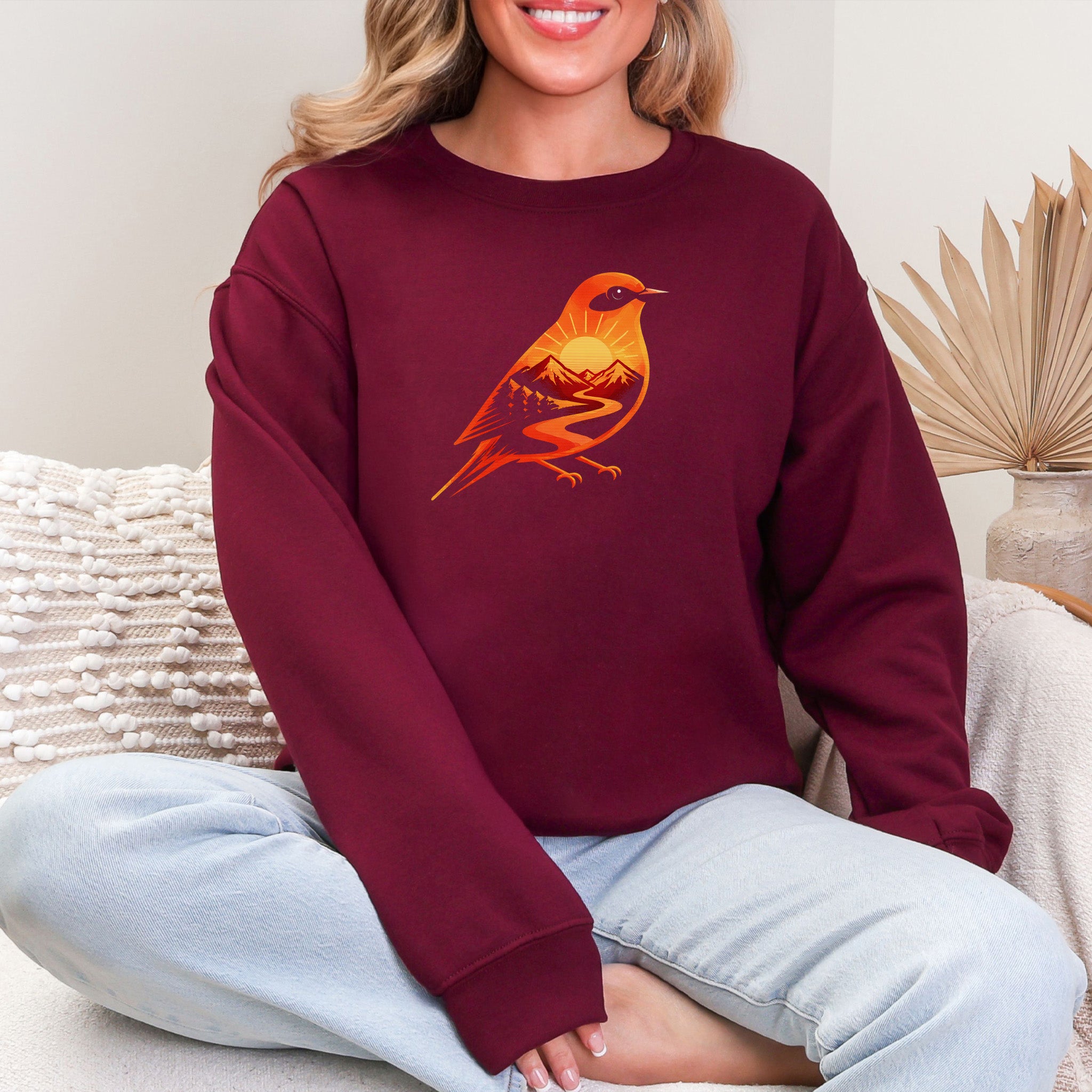 Sunset Mountain Bird Bold Nature Graphic Adventure Sweatshirt