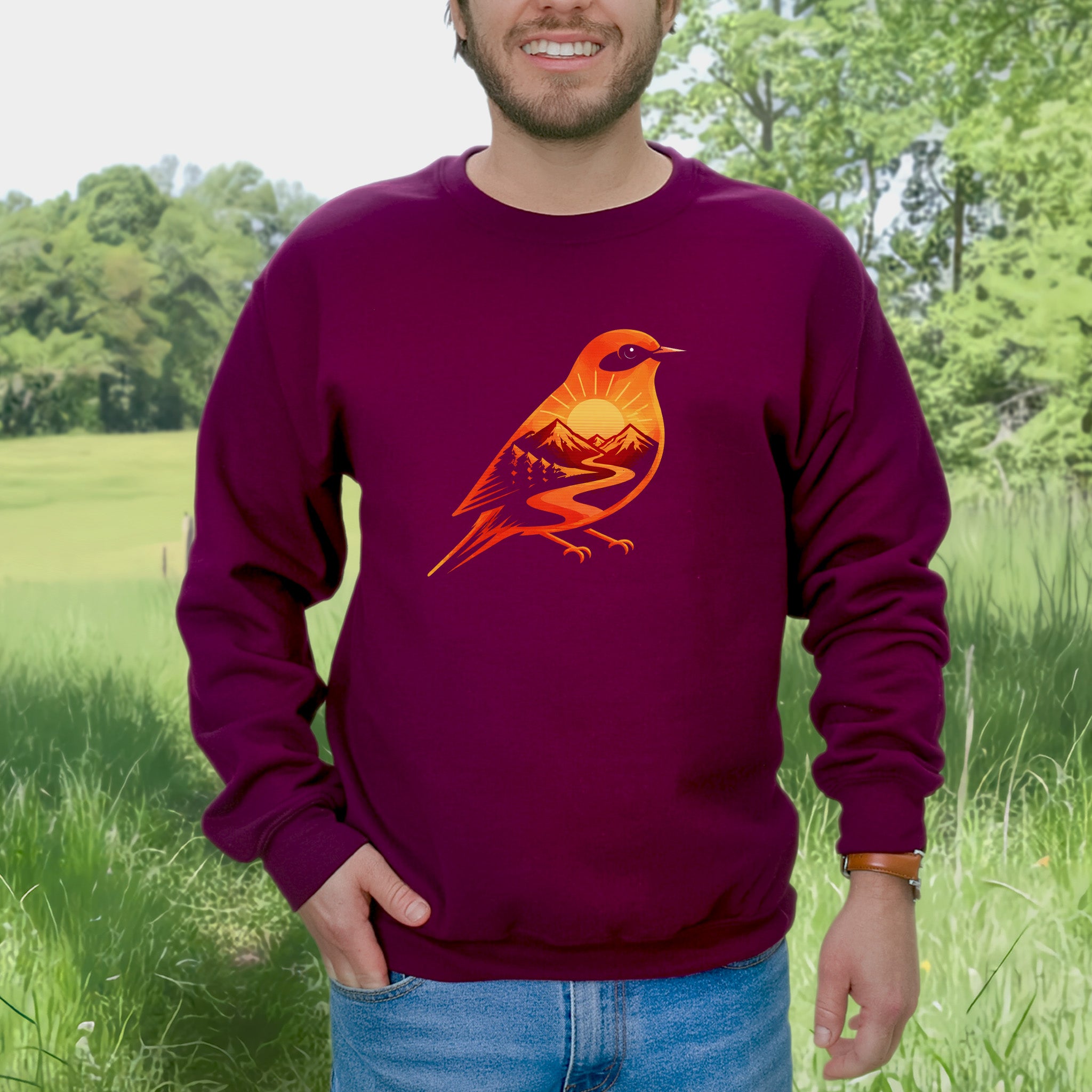 Sunset Mountain Bird Bold Nature Graphic Adventure Sweatshirt