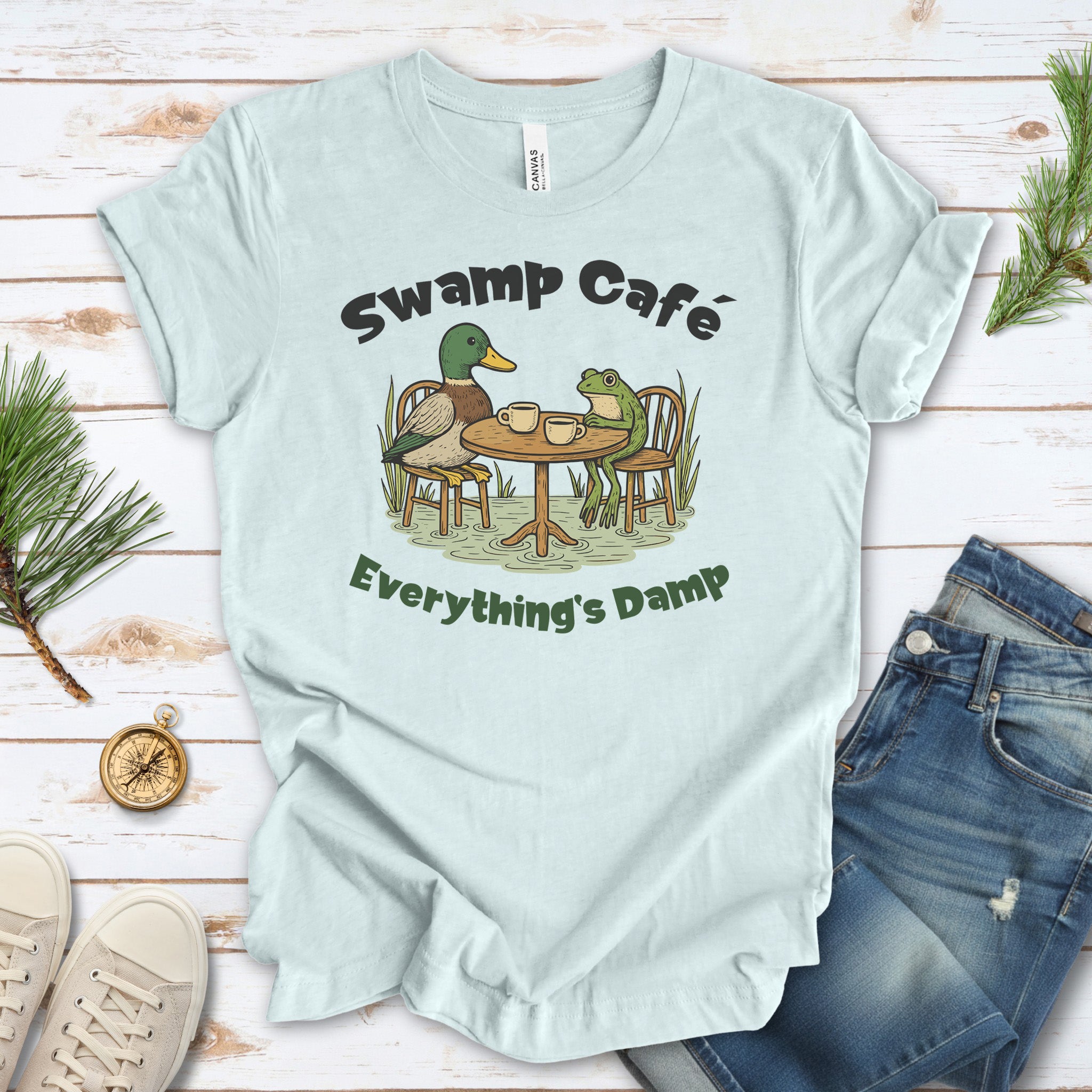 Swamp Café Funny Frog & Duck Coffee T-Shirt – Retro Nature Meme Gift