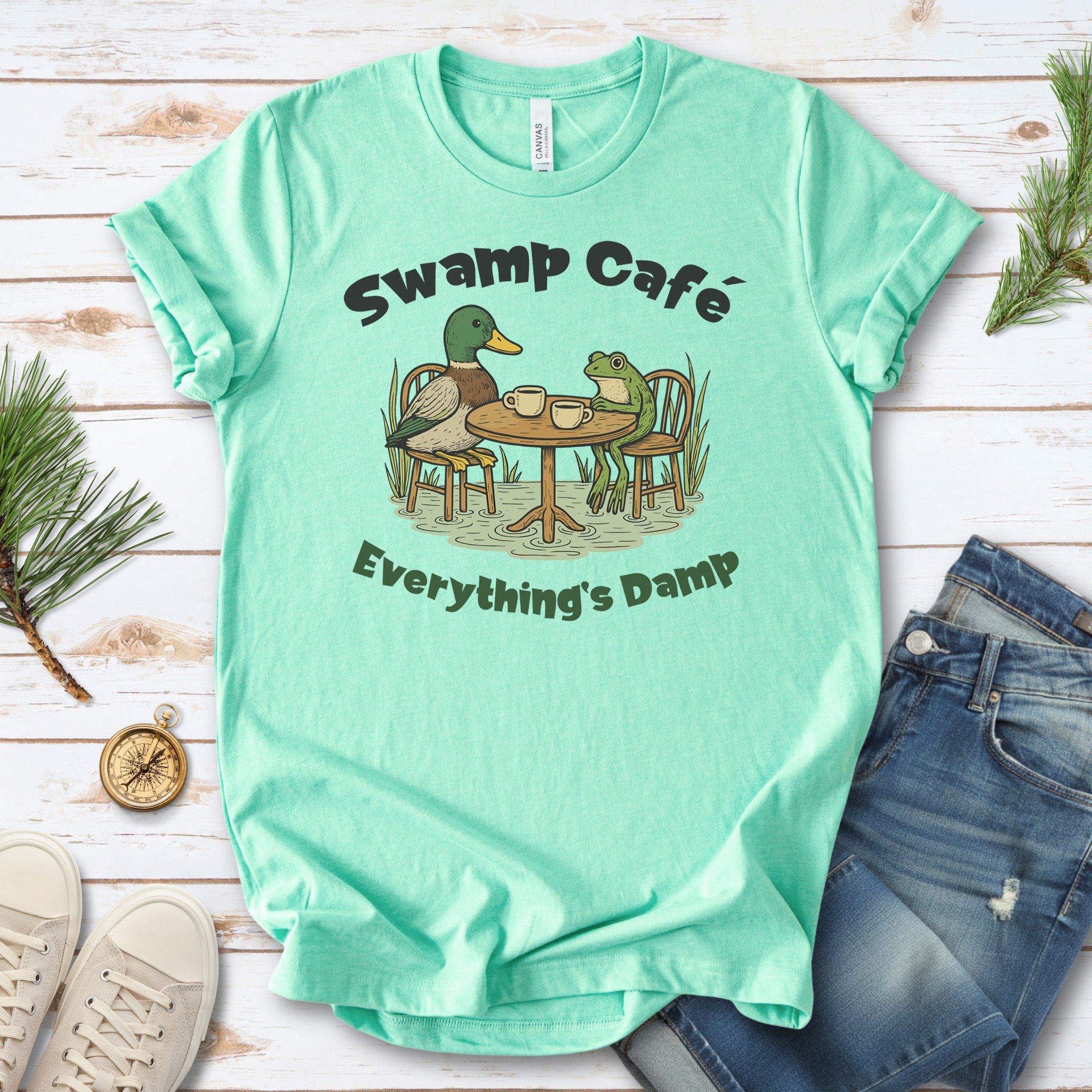 Swamp Café Funny Frog & Duck Coffee T-Shirt – Retro Nature Meme Gift