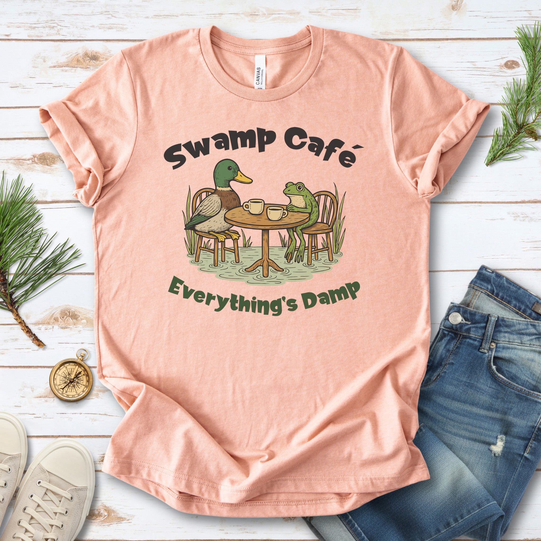Swamp Café Funny Frog & Duck Coffee T-Shirt – Retro Nature Meme Gift