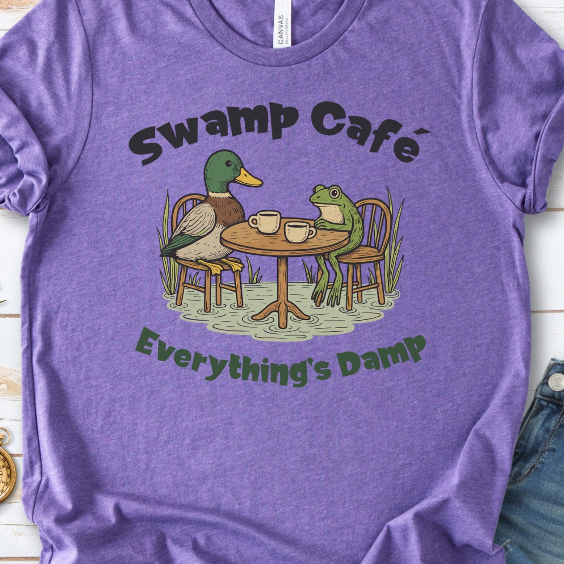 Swamp Café Funny Frog & Duck Coffee T-Shirt – Retro Nature Meme Gift
