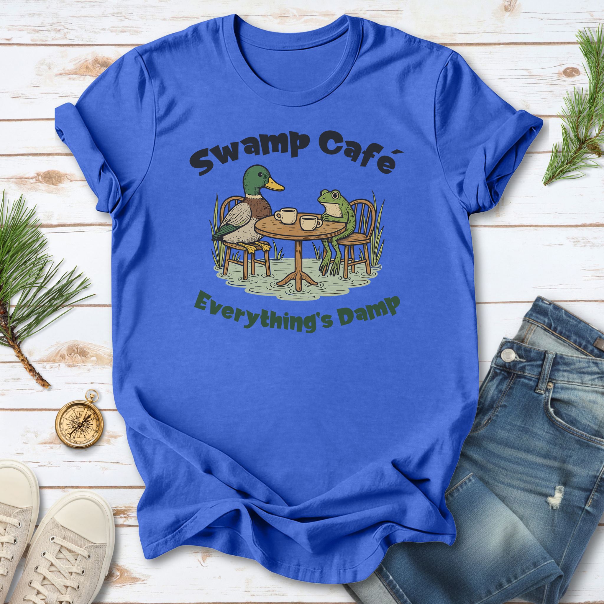 Swamp Café Funny Frog & Duck Coffee T-Shirt – Retro Nature Meme Gift