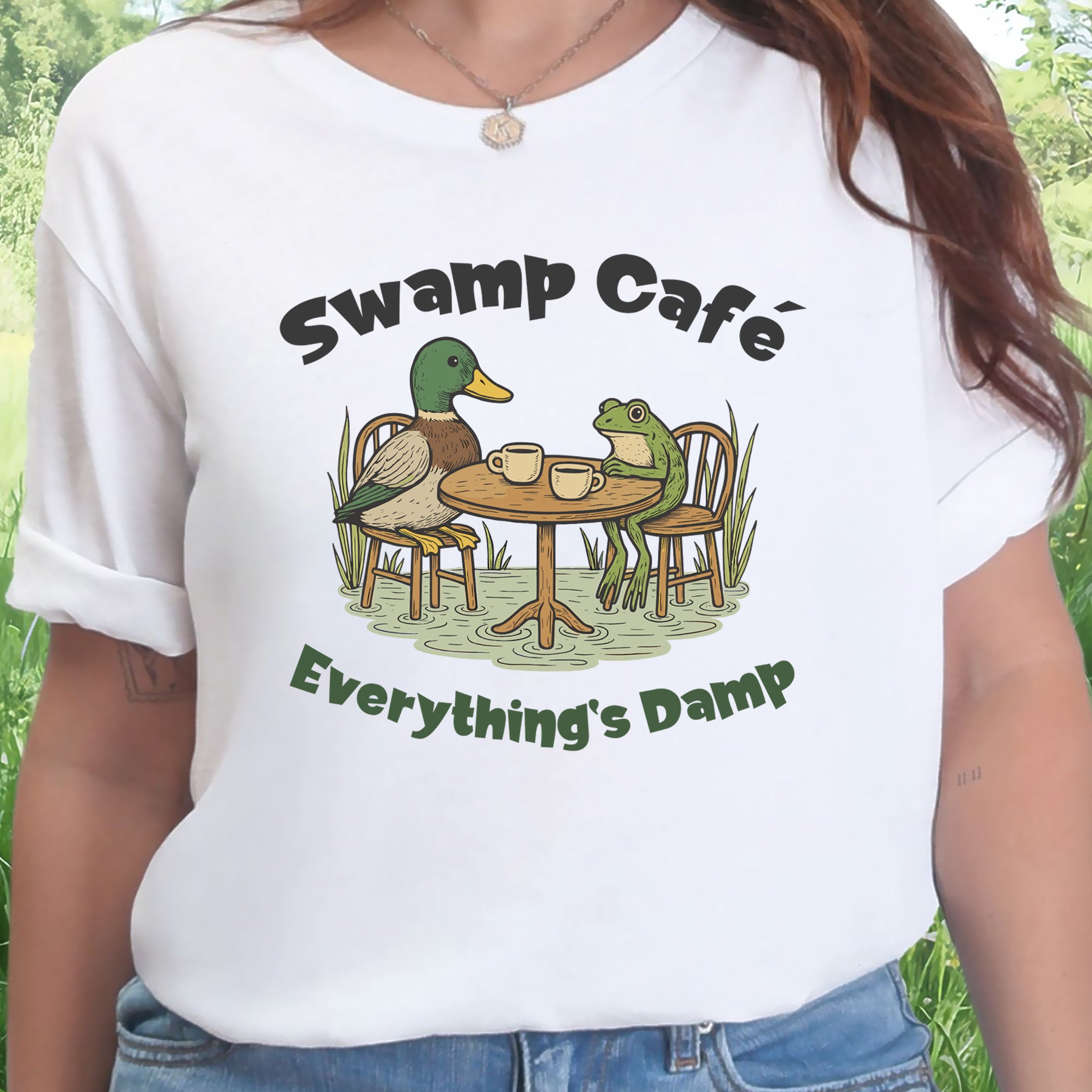 Swamp Café Funny Frog & Duck Coffee T-Shirt – Retro Nature Meme Gift