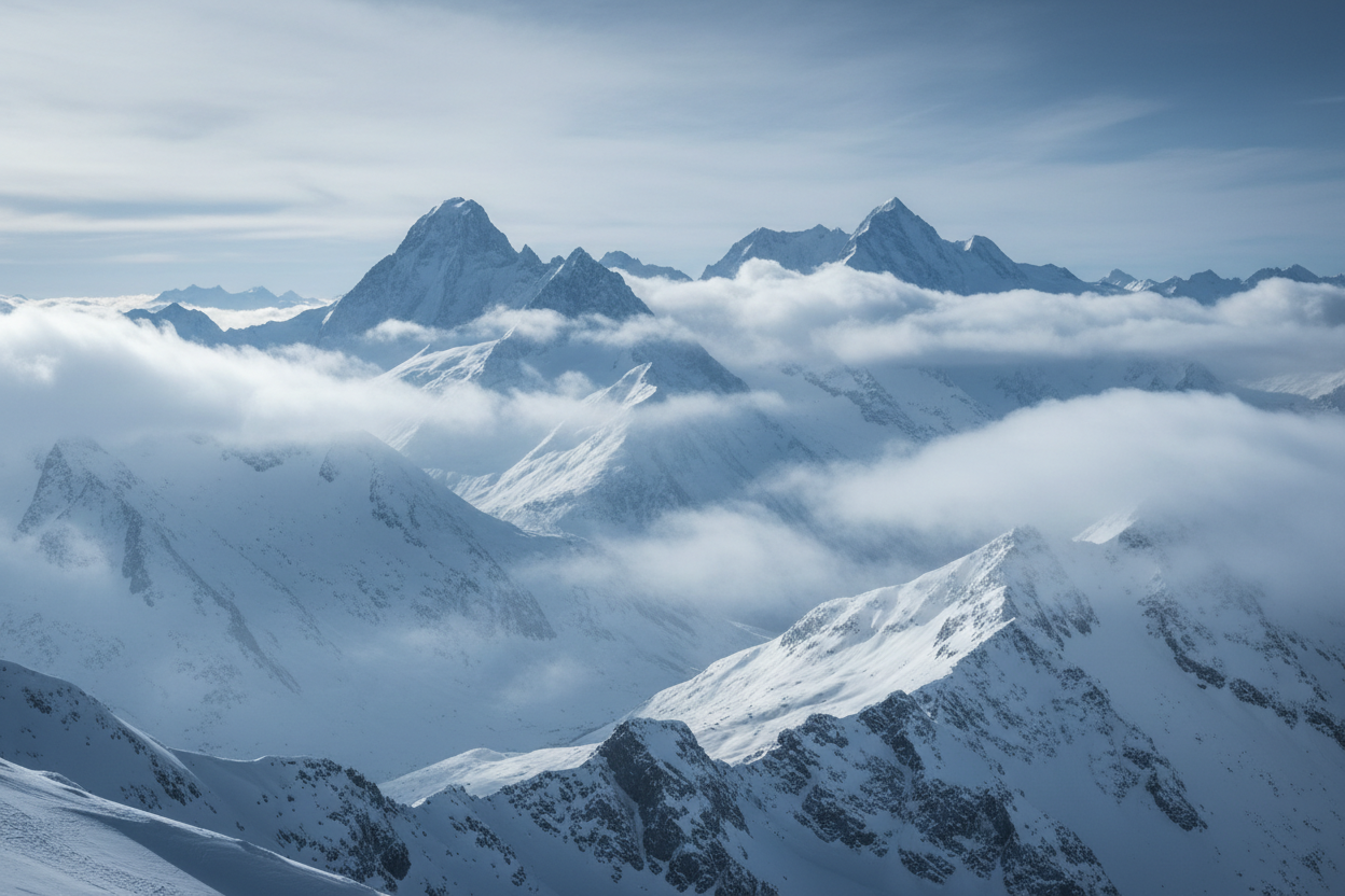 Ultra-realistic panoramic view of towering snow-covered mountain peaks, dramatic alpine landscape at high altitude, thick rolling clouds weaving between sharp summits, soft mist and fog hugging the valleys, cinematic lighting with cold blue and silver tones, rays of sunlight breaking through clouds, highly detailed snow textures, atmospheric depth, epic scale, majestic and awe-inspiring mood, photorealism, 8k quality, natural colors, wide angle panorama, breathtaking realism