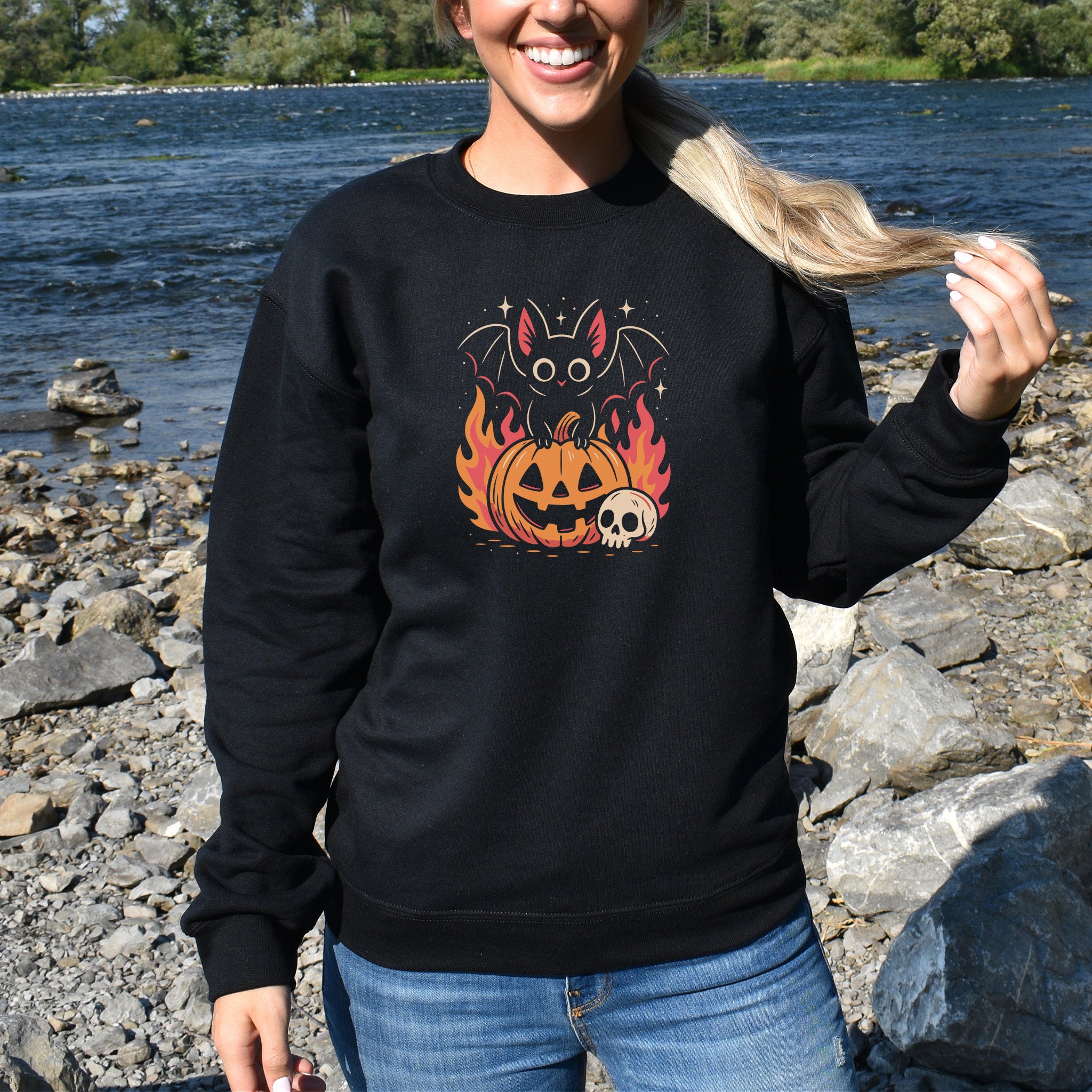 Spooky Bat Halloween Sweatshirt – Cute Gothic Pumpkin Fire Vibes