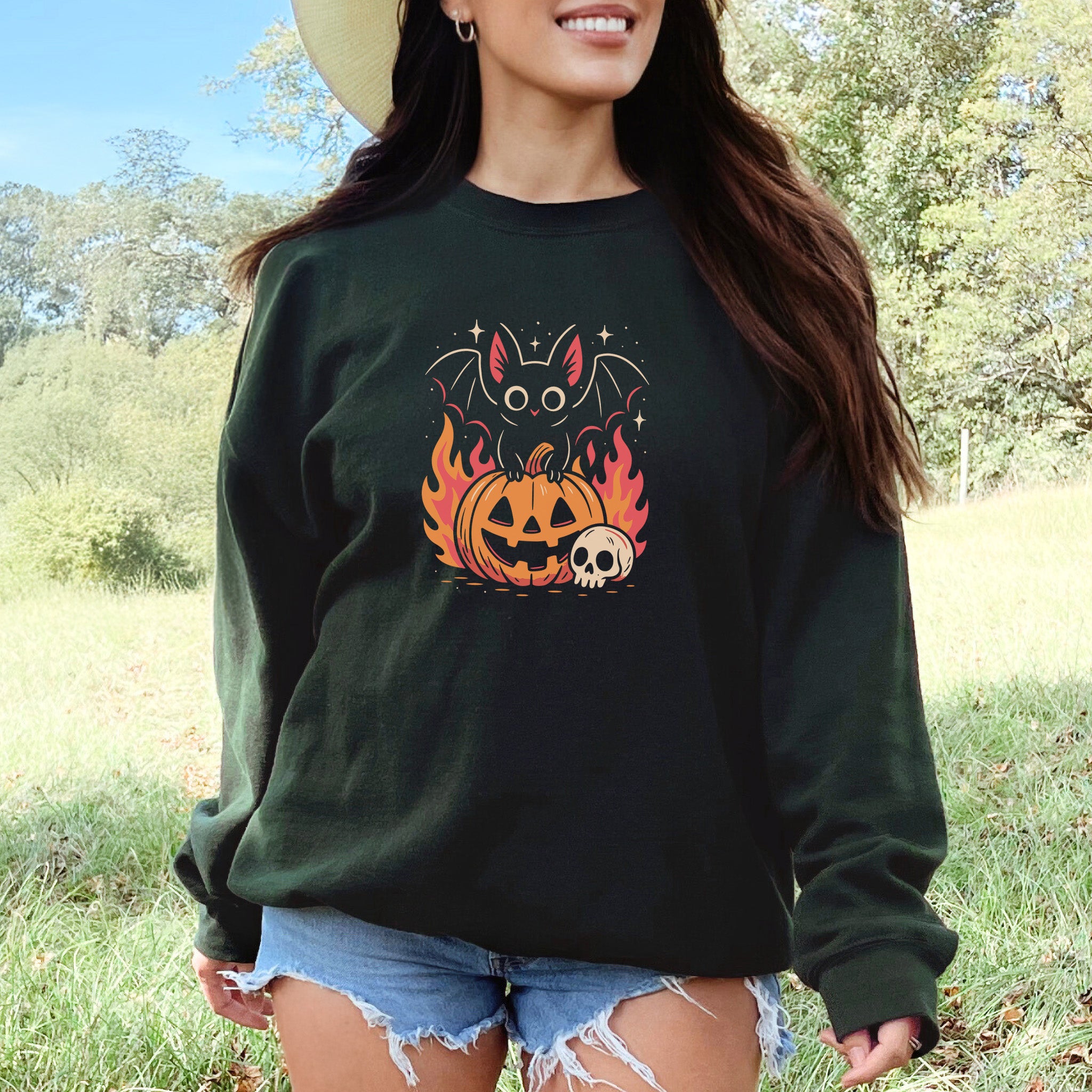 Spooky Bat Halloween Sweatshirt – Cute Gothic Pumpkin Fire Vibes