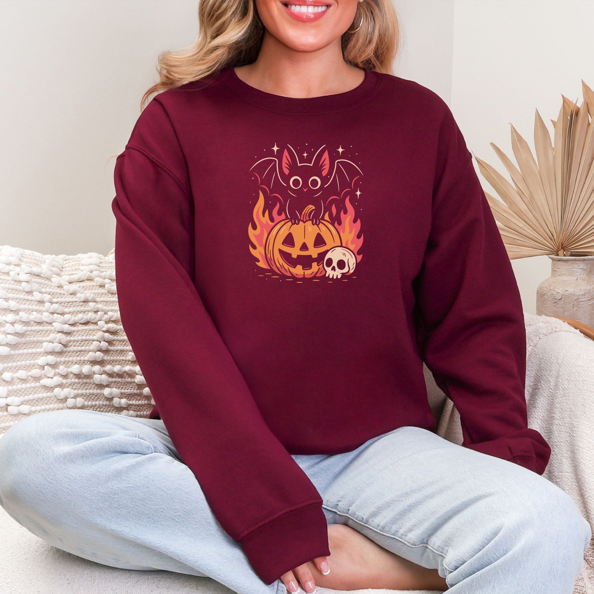 Spooky Bat Halloween Sweatshirt – Cute Gothic Pumpkin Fire Vibes
