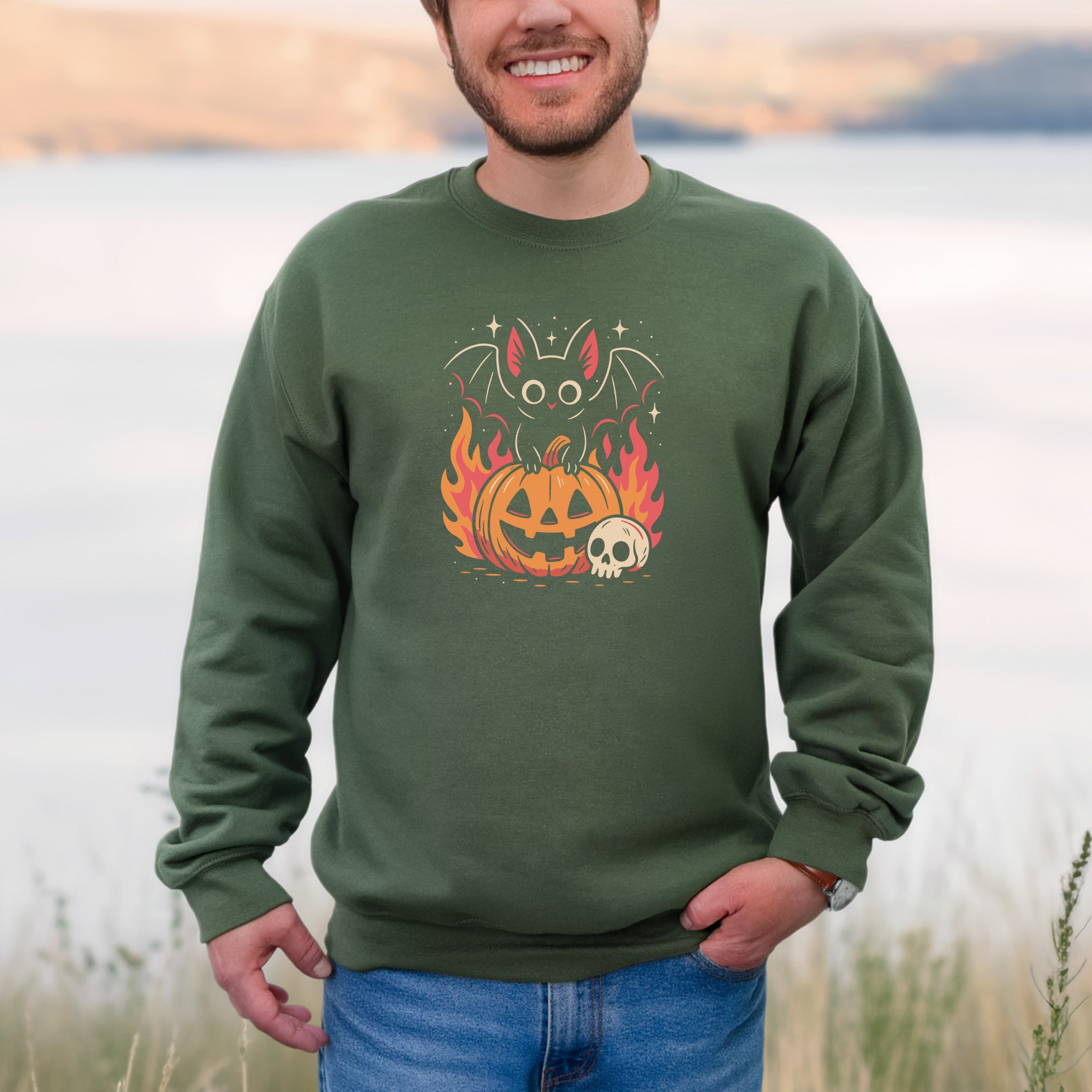 Spooky Bat Halloween Sweatshirt – Cute Gothic Pumpkin Fire Vibes