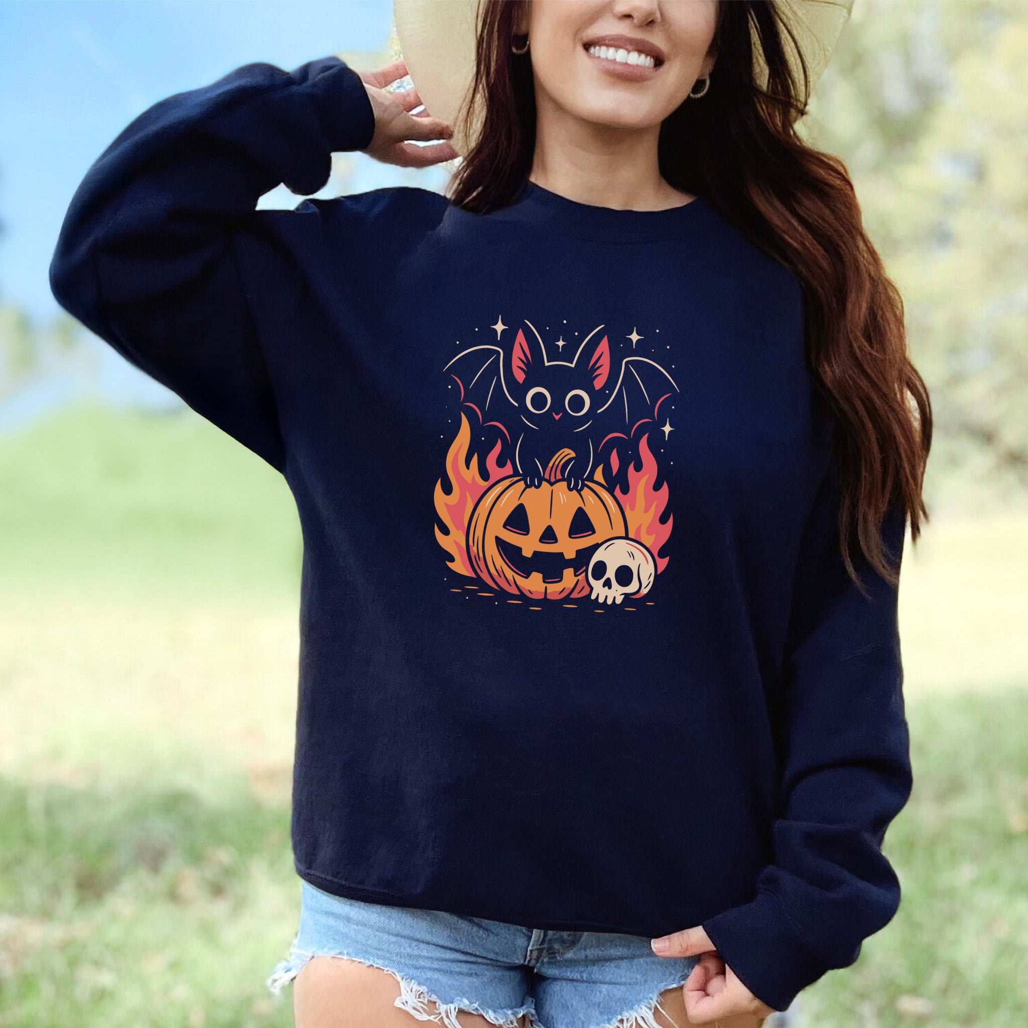 Spooky Bat Halloween Sweatshirt – Cute Gothic Pumpkin Fire Vibes