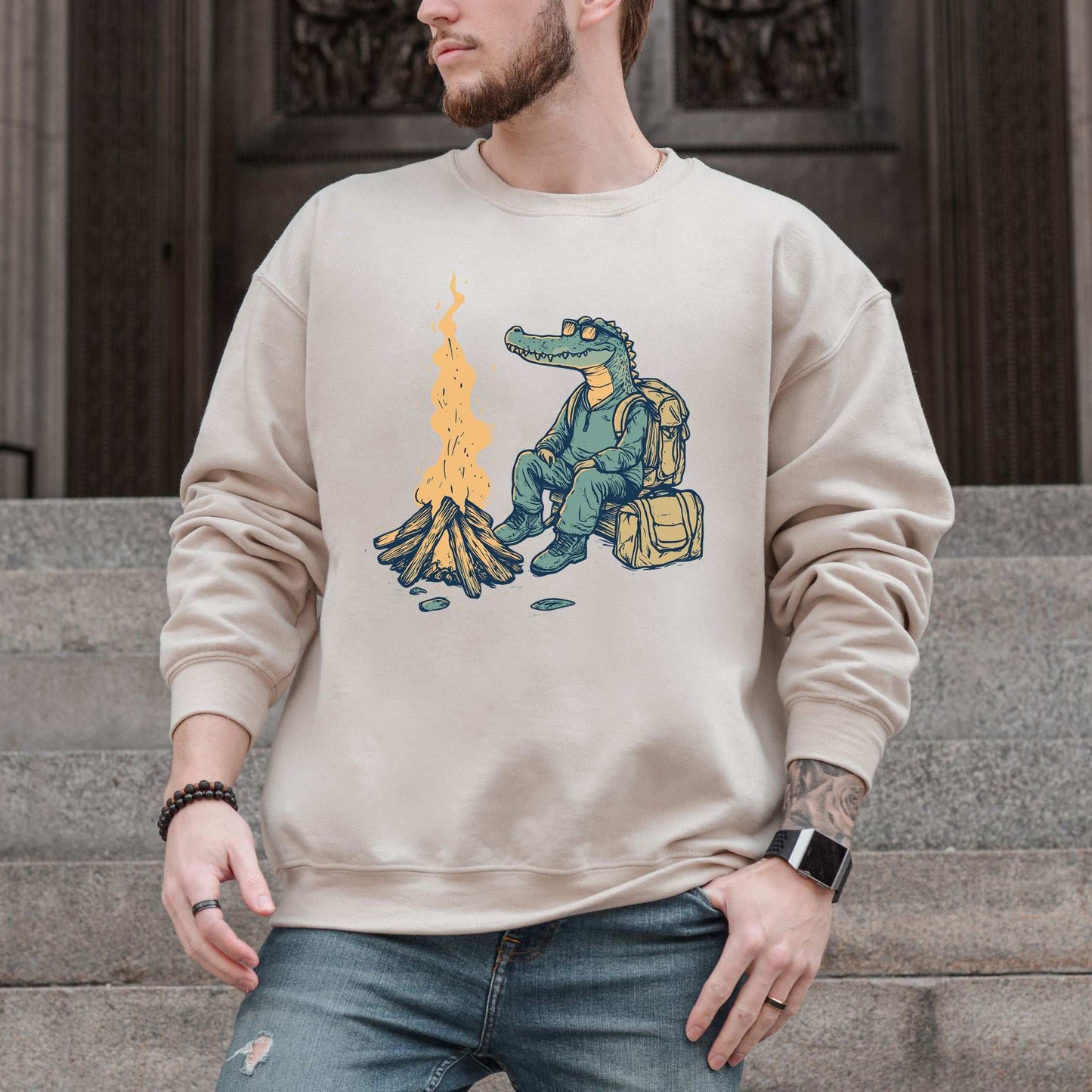 Campfire Crocodile Sweatshirt – Chill Vibes by the Fire for Wild-Hearted Campers