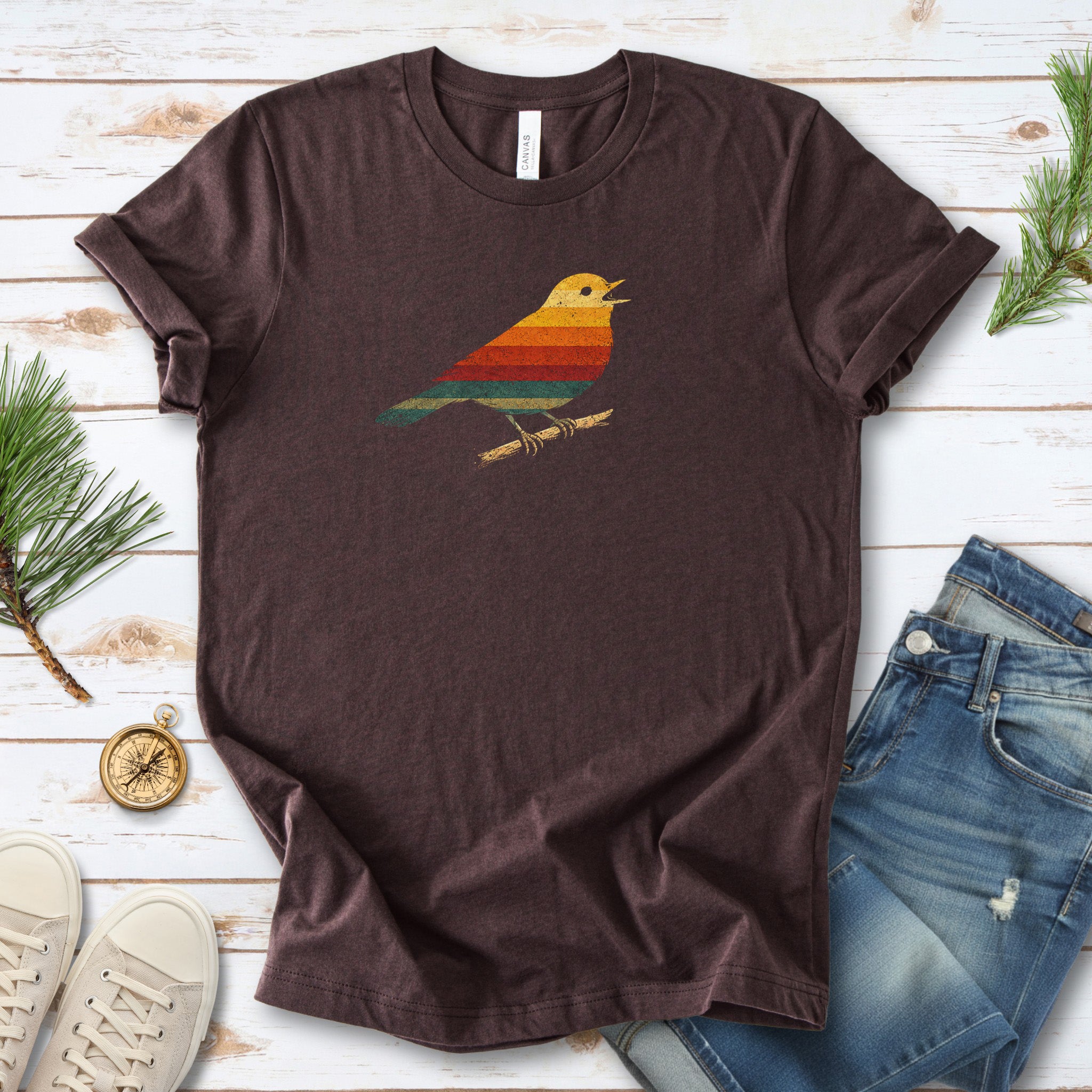 Vintage Rainbow Bird T-Shirt – Retro Minimalist Birdwatcher Vibes