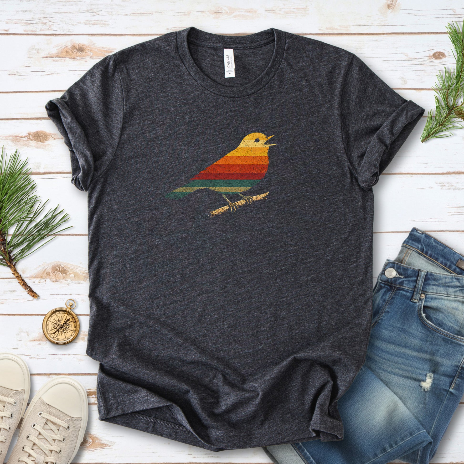 Vintage Rainbow Bird T-Shirt – Retro Minimalist Birdwatcher Vibes