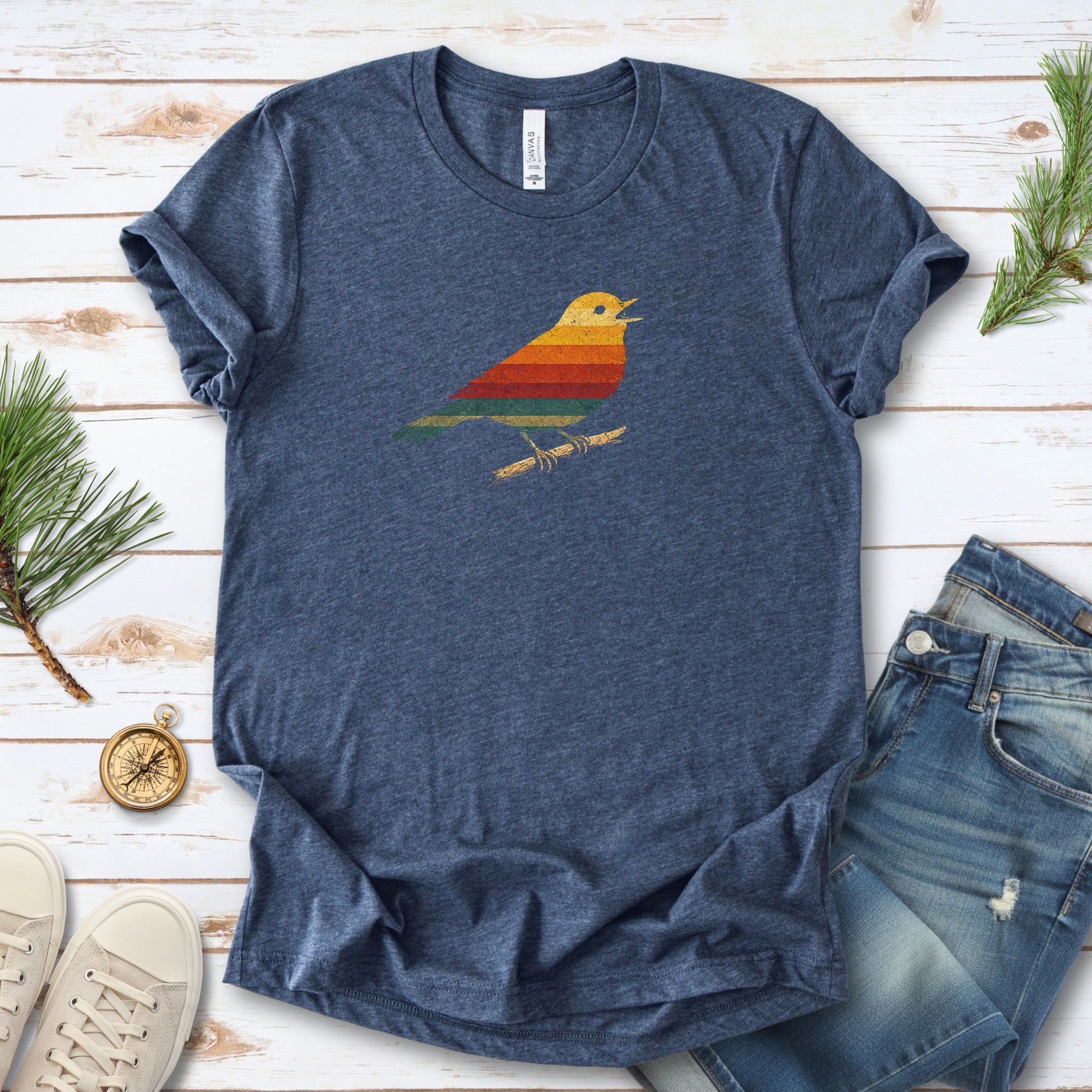 Vintage Rainbow Bird T-Shirt – Retro Minimalist Birdwatcher Vibes