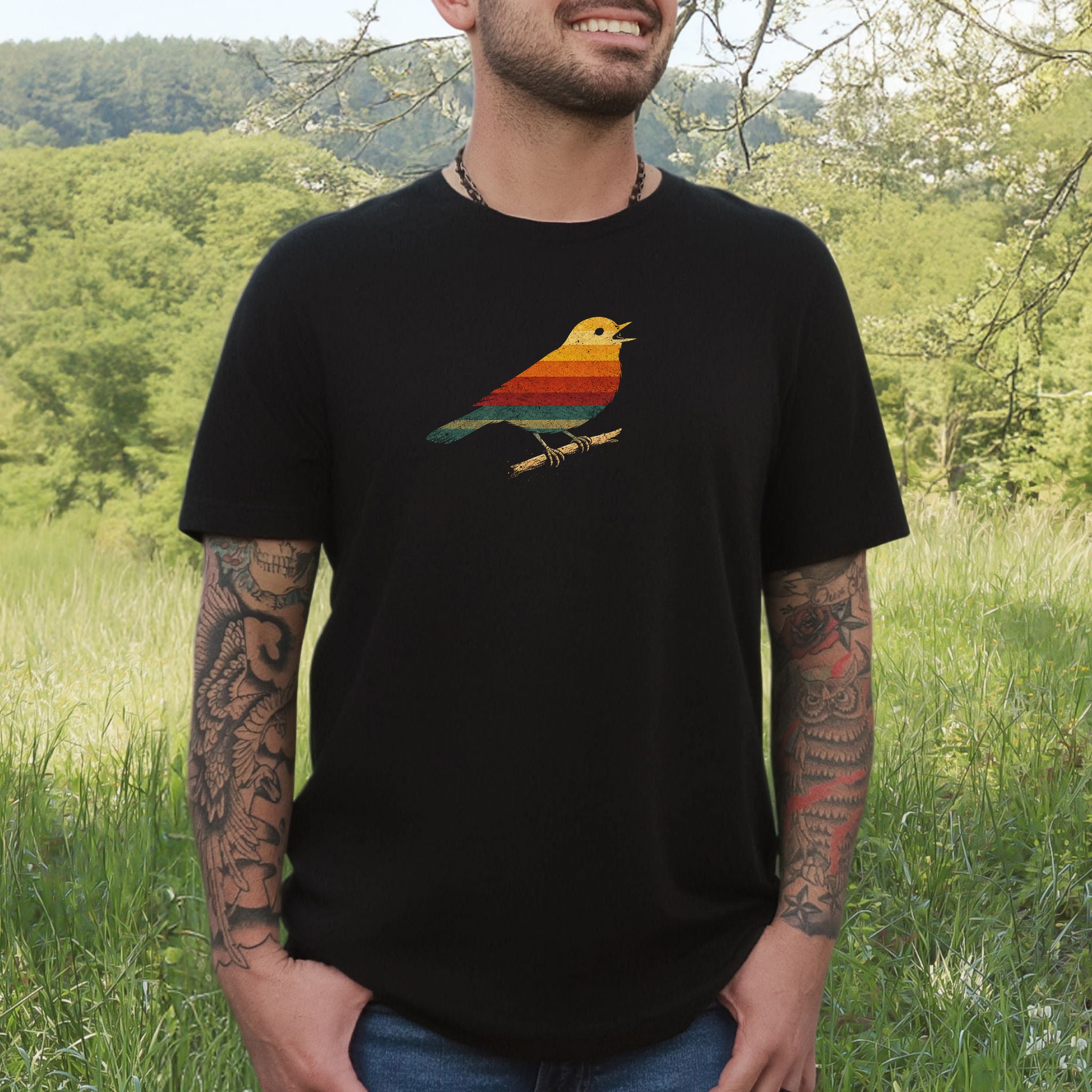 Vintage Rainbow Bird T-Shirt – Retro Minimalist Birdwatcher Vibes