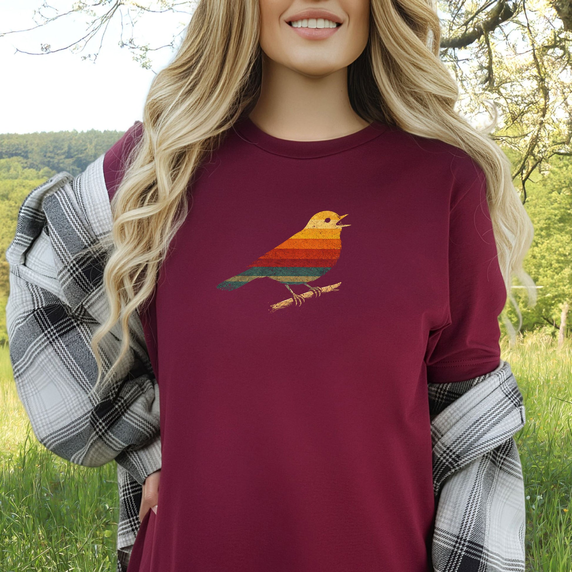 Vintage Rainbow Bird T-Shirt – Retro Minimalist Birdwatcher Vibes