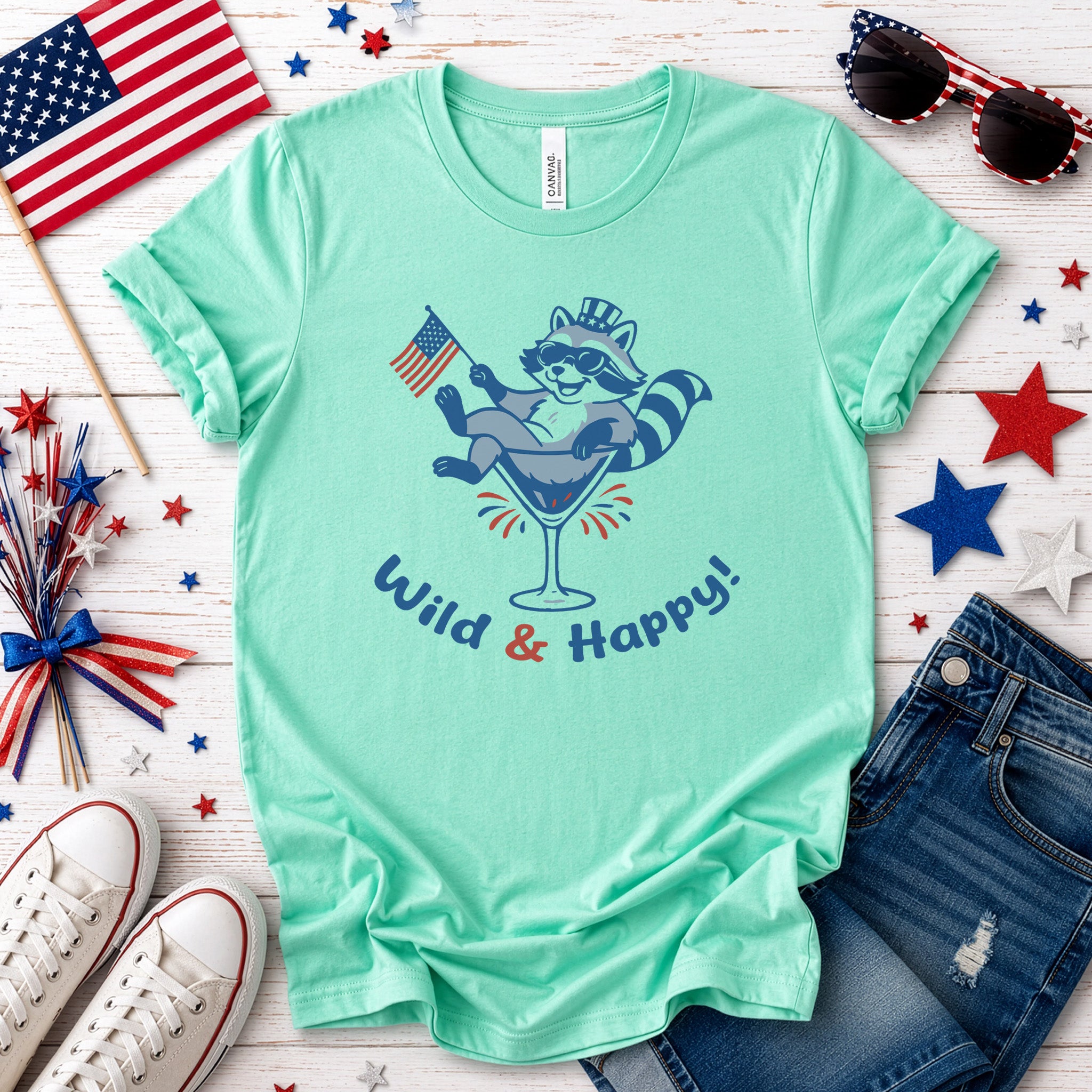 Wild & Happy Raccoon 4th of July T-Shirt – Funny Patriotic Animal Party Tee