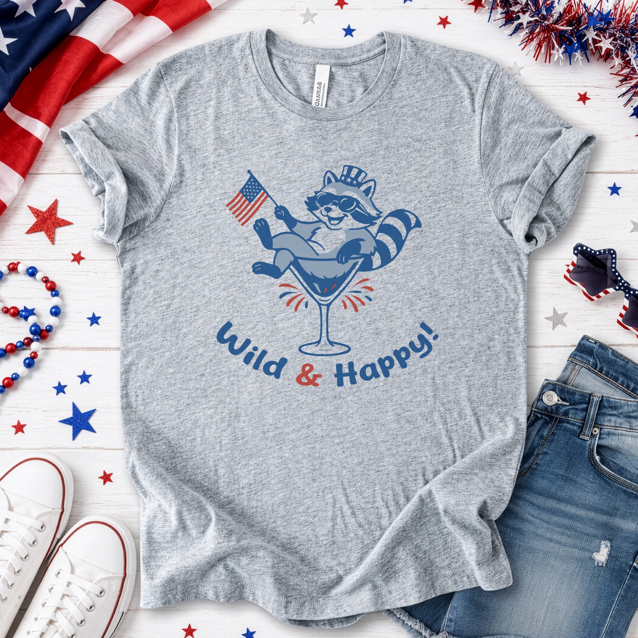 Wild & Happy Raccoon 4th of July T-Shirt – Funny Patriotic Animal Party Tee